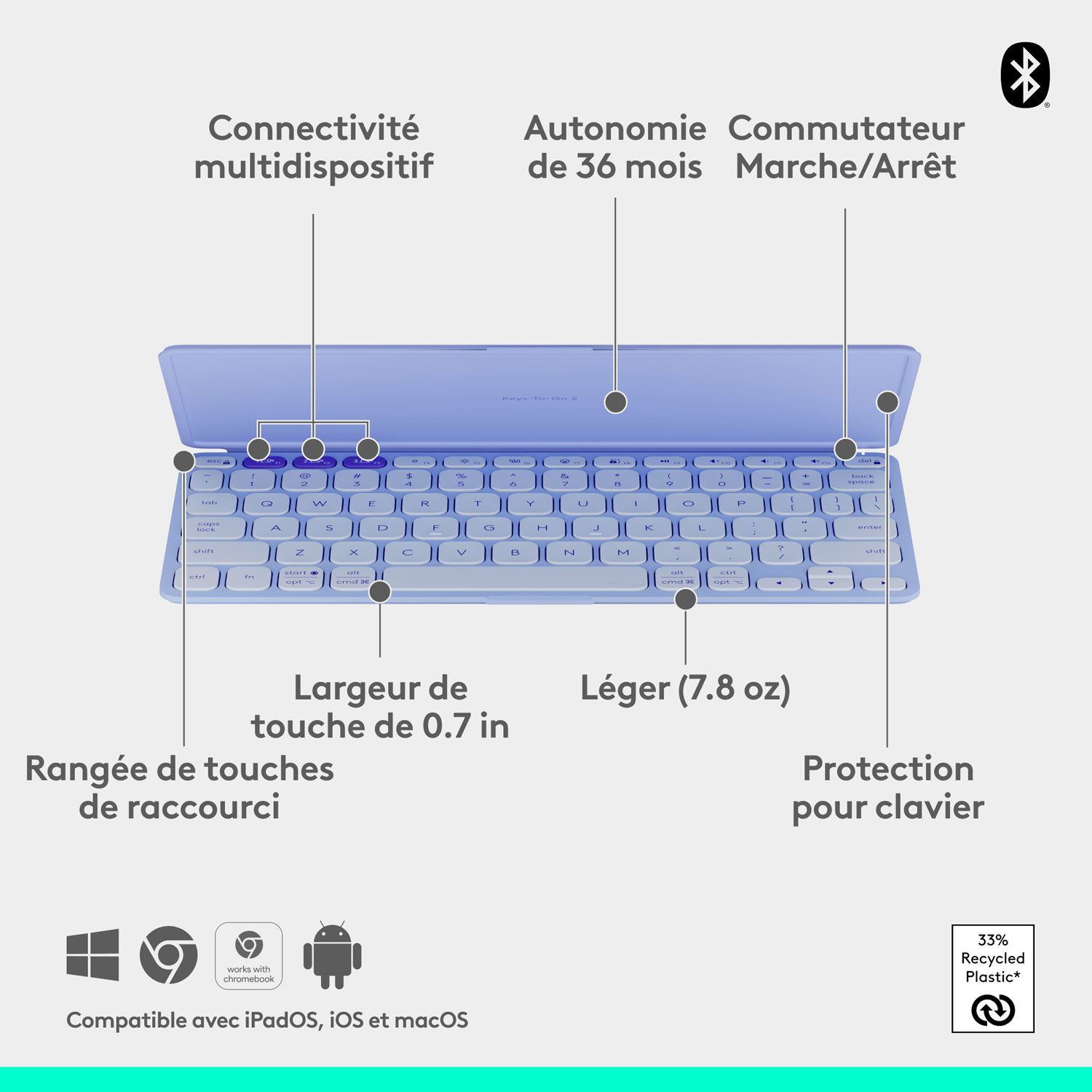 Clavier universel Keys-To-Go 2 de Logitech avec couverture - Lilas - Anglais