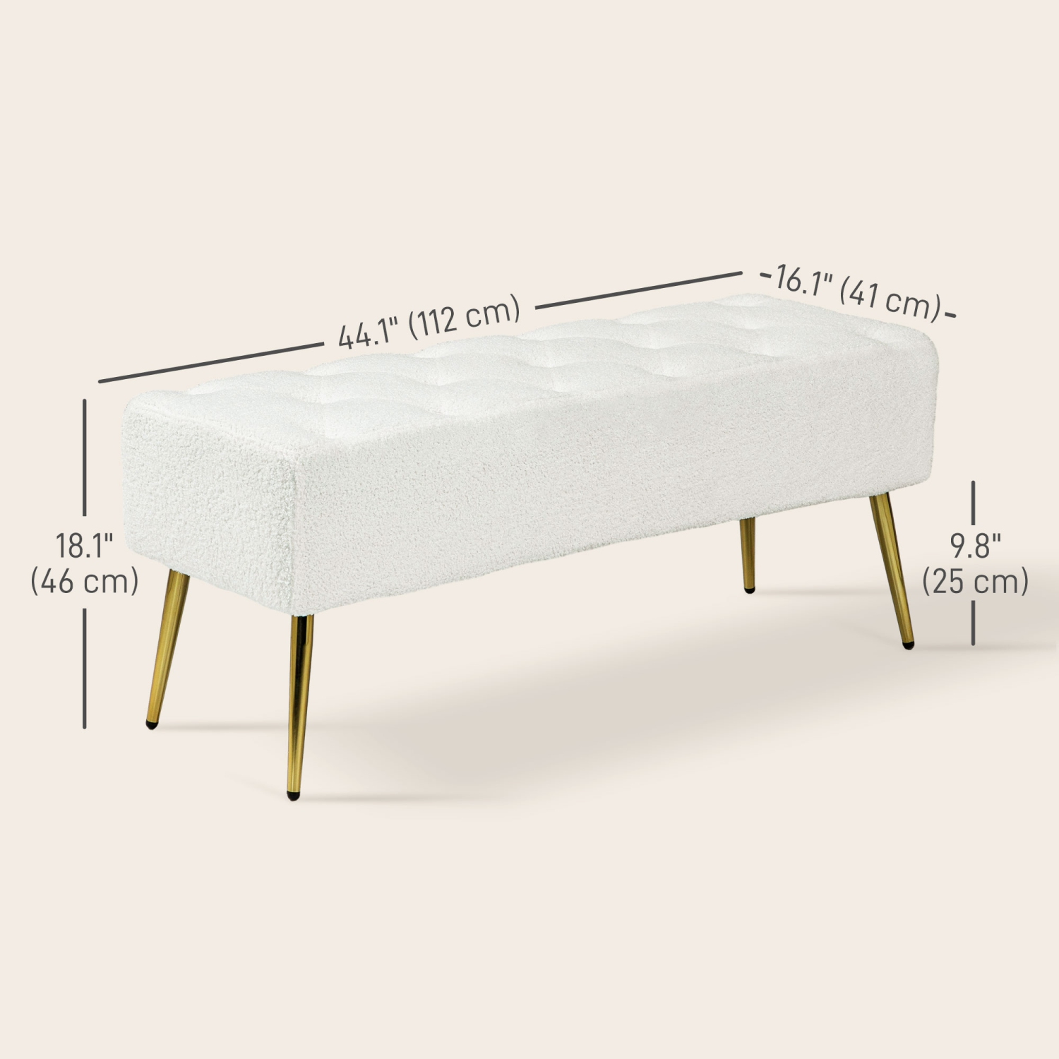 HOMCOM 44" End of Bed Bench, Lamb's Wool-Feel Upholstered Entryway Bench with Tufted Padded Seat and Steel Legs for Living Room, Hallway, Cream White