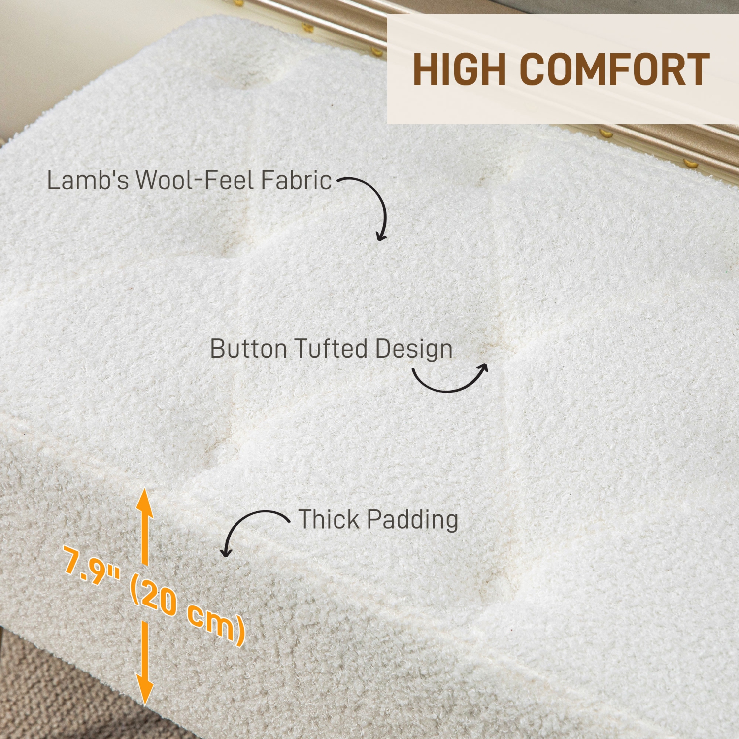 HOMCOM 44" End of Bed Bench, Lamb's Wool-Feel Upholstered Entryway Bench with Tufted Padded Seat and Steel Legs for Living Room, Hallway, Cream White