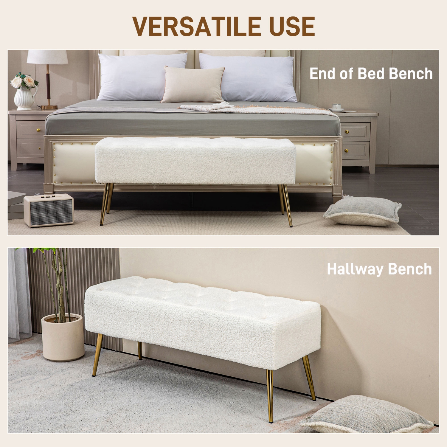 HOMCOM 44" End of Bed Bench, Lamb's Wool-Feel Upholstered Entryway Bench with Tufted Padded Seat and Steel Legs for Living Room, Hallway, Cream White