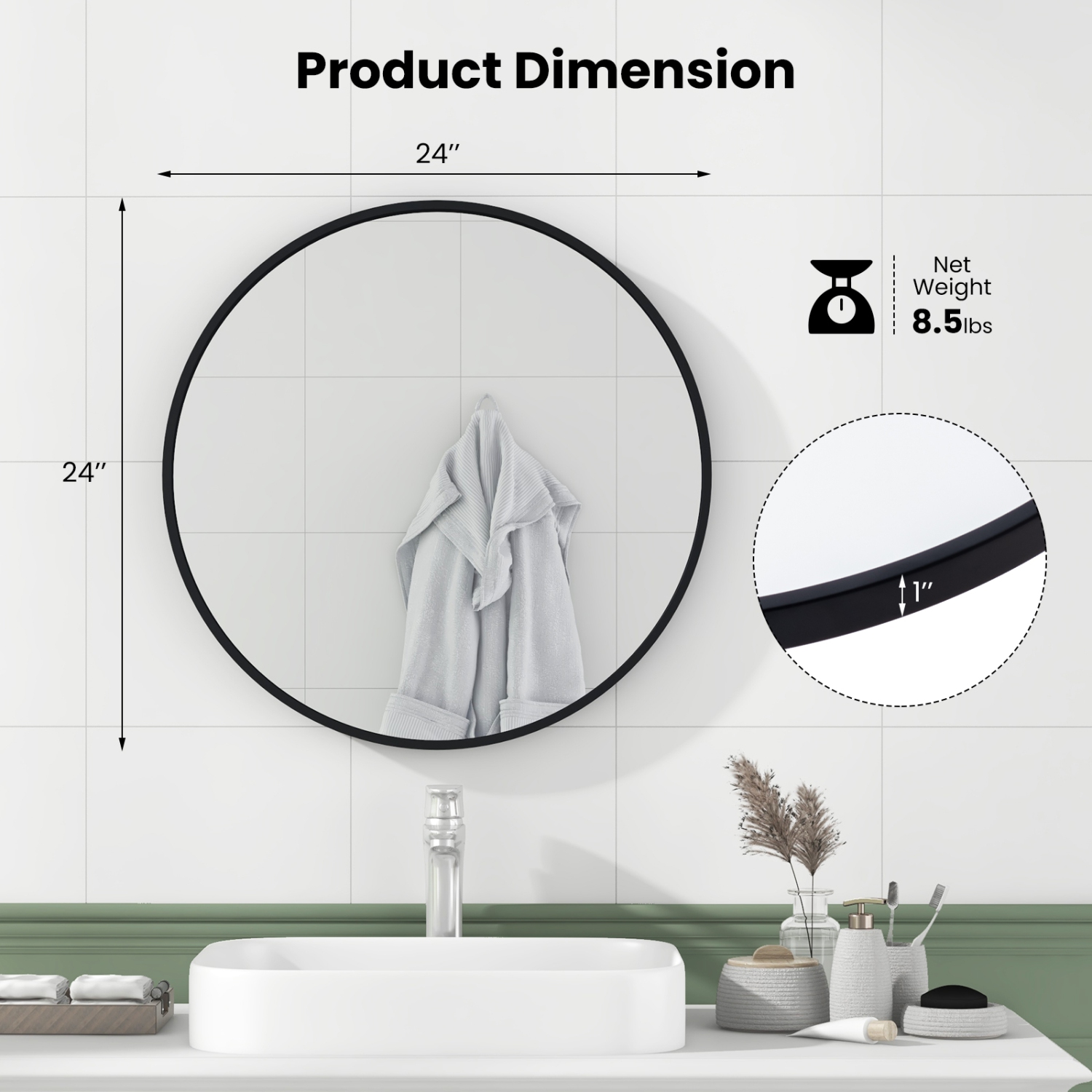 Costway 24" Circle Bathroom Mirror Round Wall Mirror with Explosion-proof Film