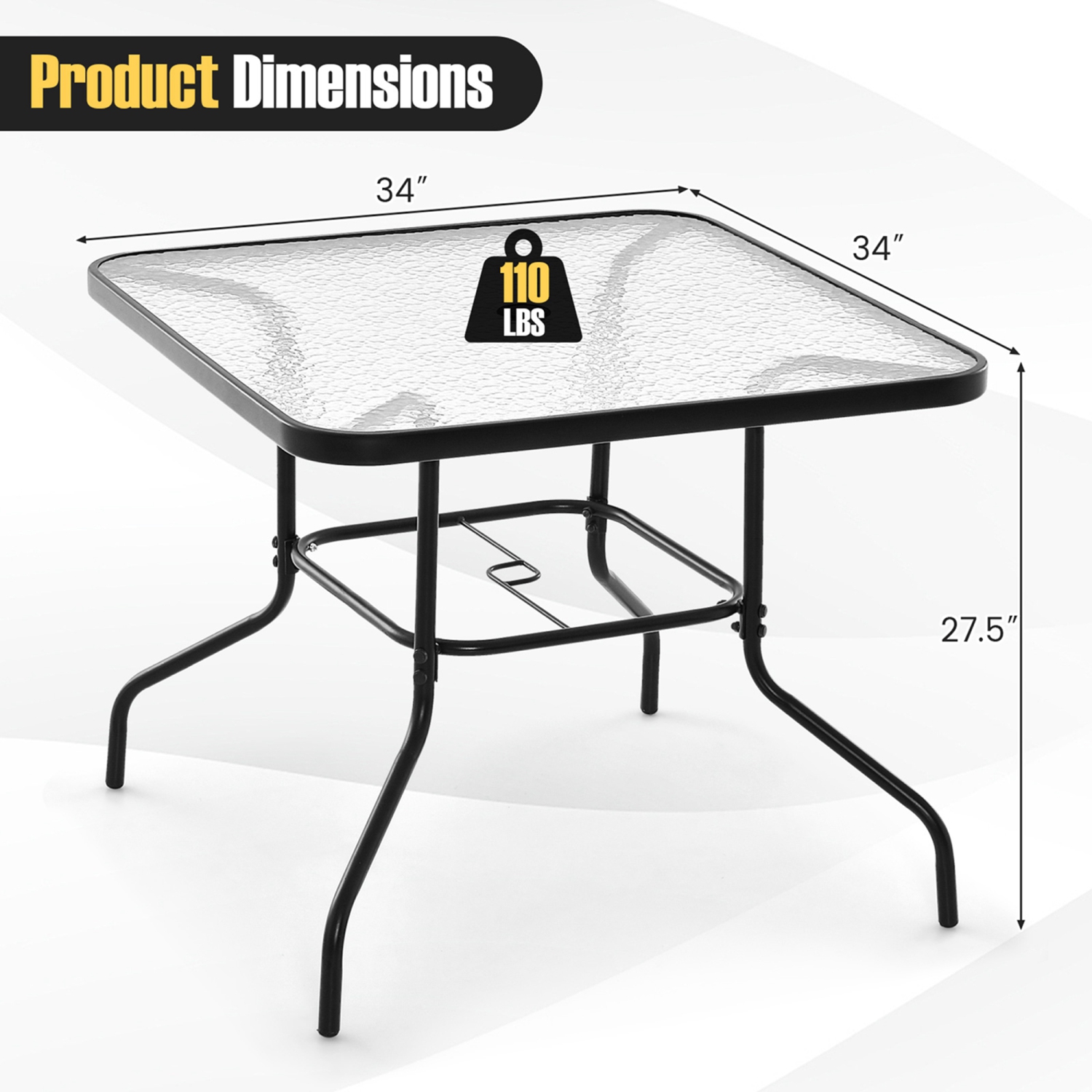 Costway 34 Inch Outdoor Dining Table Square Tempered Glass Table with 1.5" Umbrella Hole
