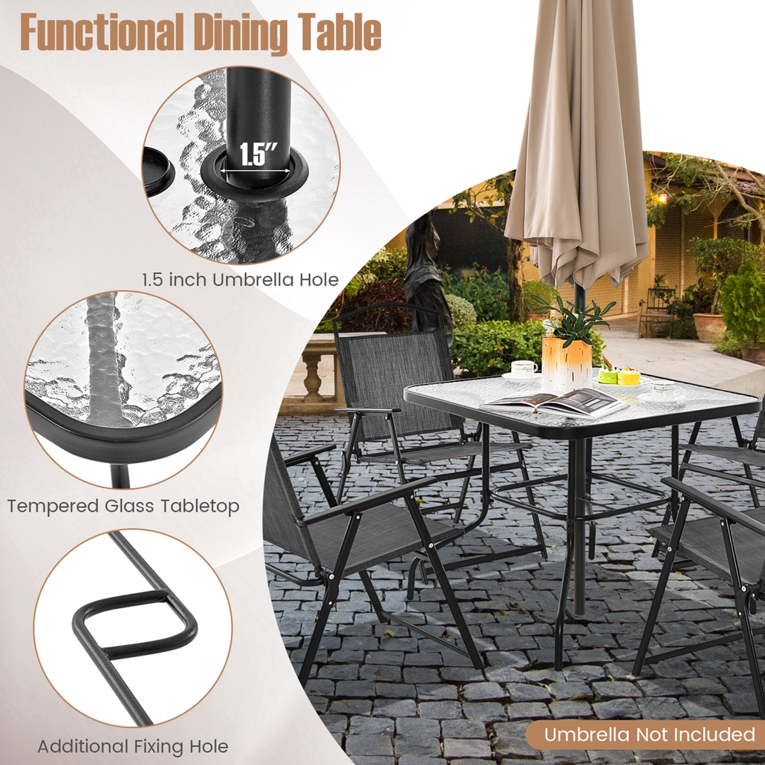 Costway 34 Inch Outdoor Dining Table Square Tempered Glass Table with 1.5" Umbrella Hole