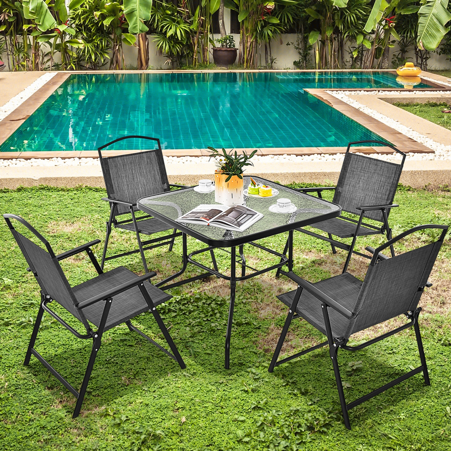 Costway 34 Inch Outdoor Dining Table Square Tempered Glass Table with 1.5" Umbrella Hole