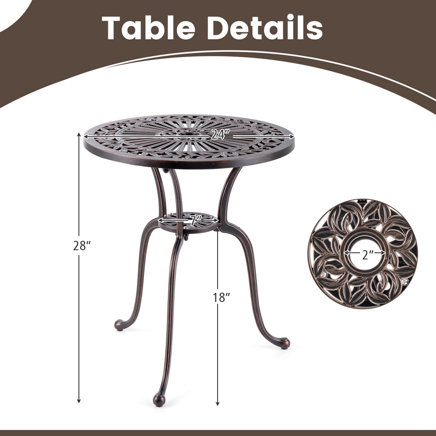 Table de patio ronde de 24 po en aluminium moulé de Costway avec trou pour parasol de 2 po