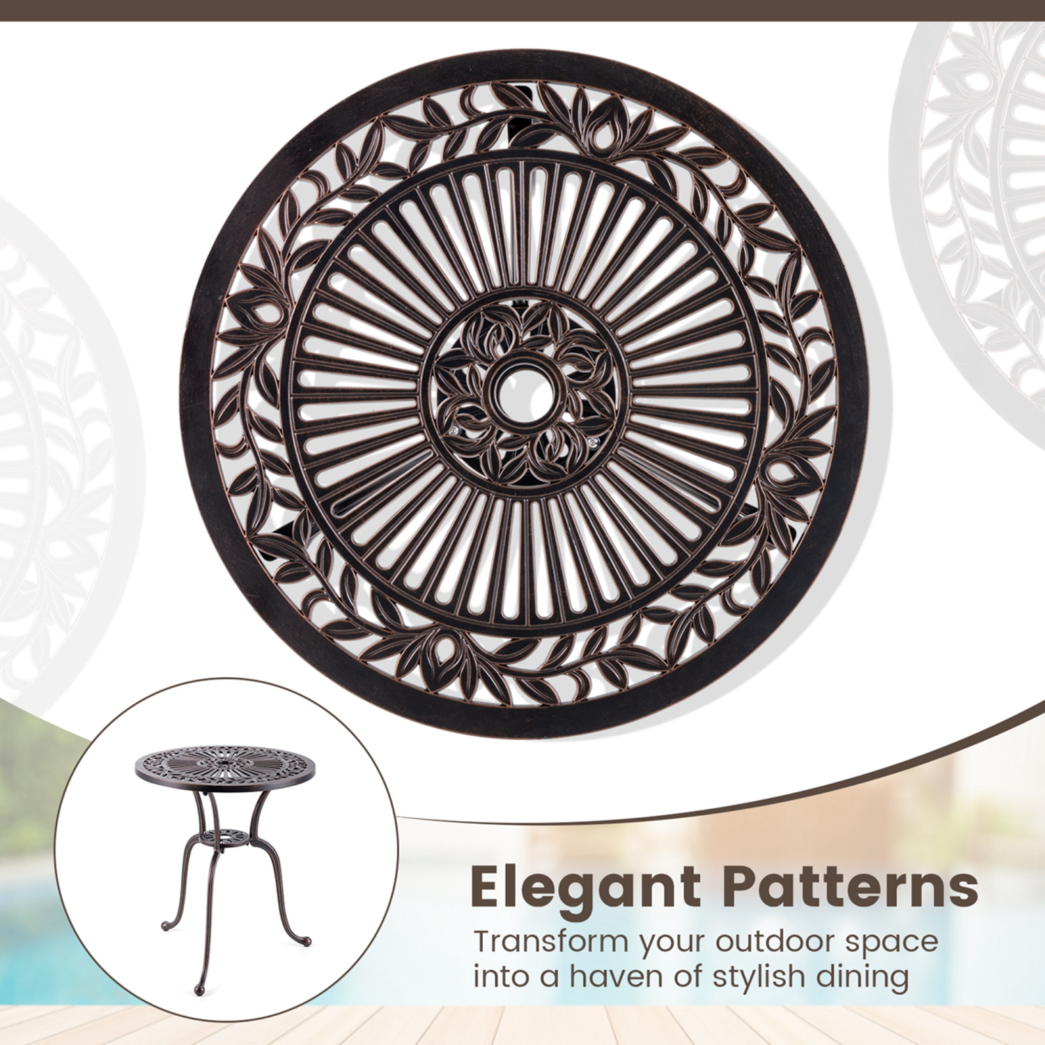 Table de patio ronde de 24 po en aluminium moulé de Costway avec trou pour parasol de 2 po