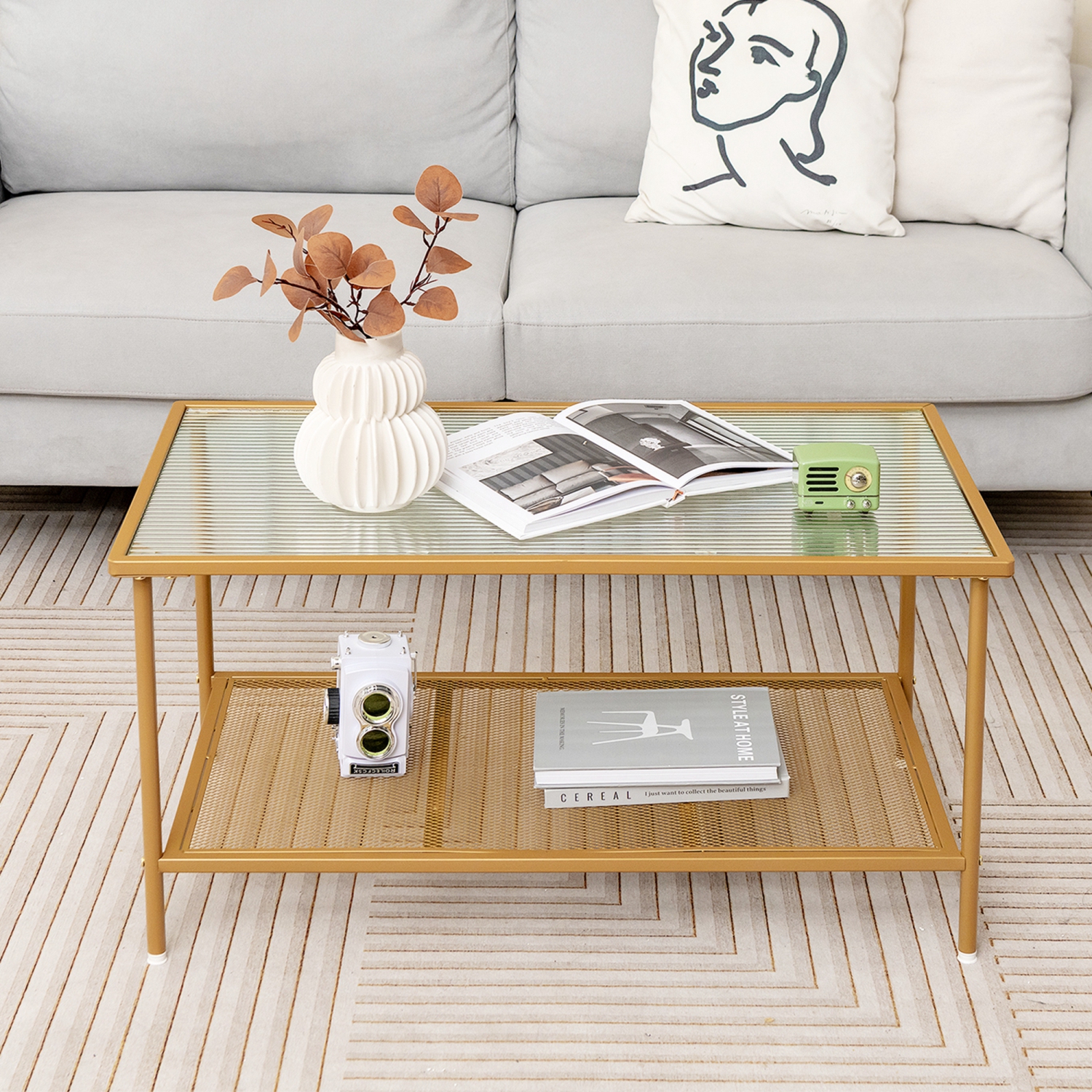 Costway 2-Tier Coffee Table with Shelf with Tempered Glass Top & Metal ...