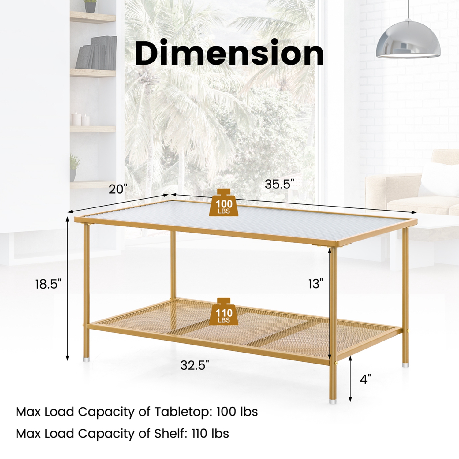 Costway 2-Tier Coffee Table with Shelf with Tempered Glass Top & Metal ...