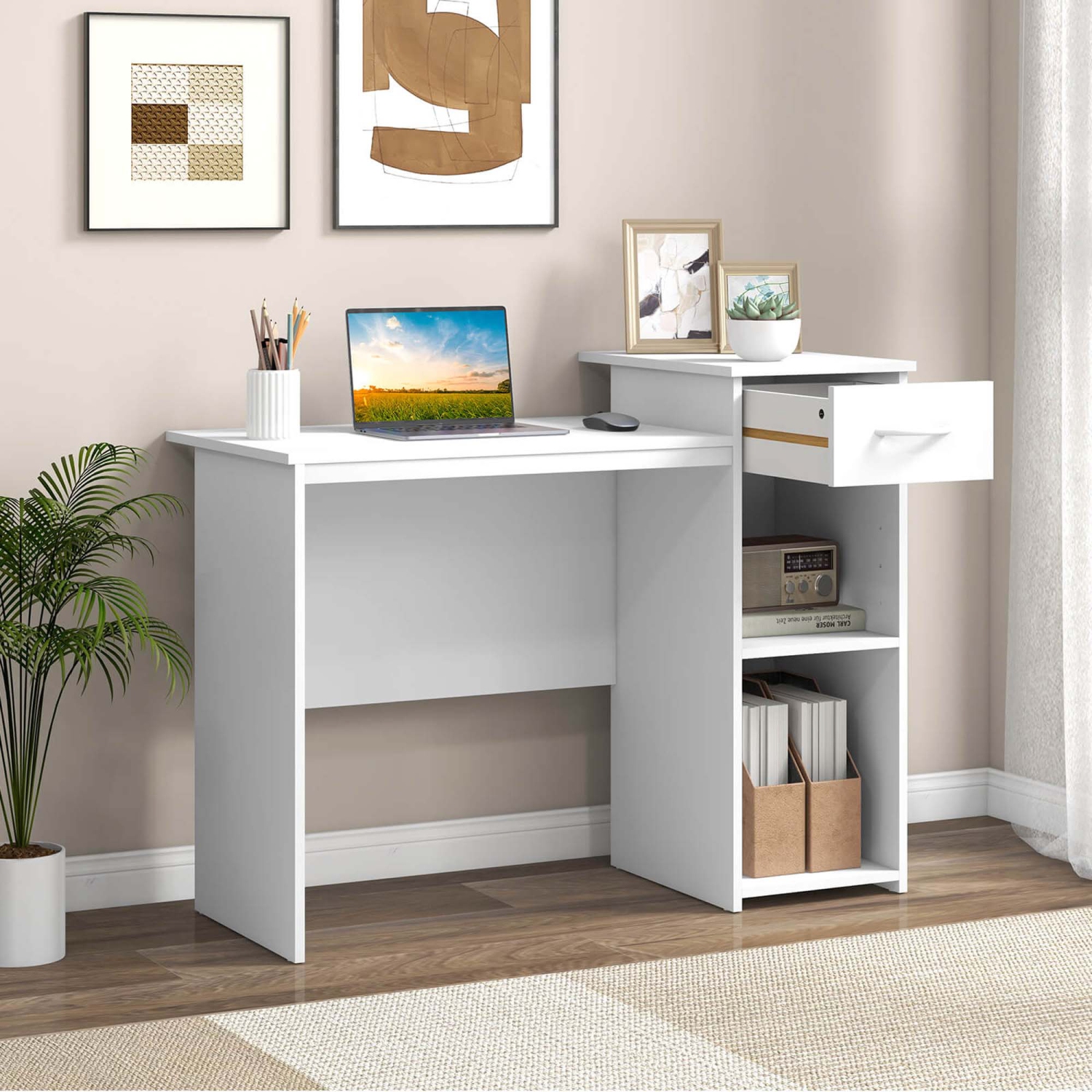 Costway Computer Desk with Drawer Modern Laptop PC Desk with Adjustable Shelf & Cable Hole