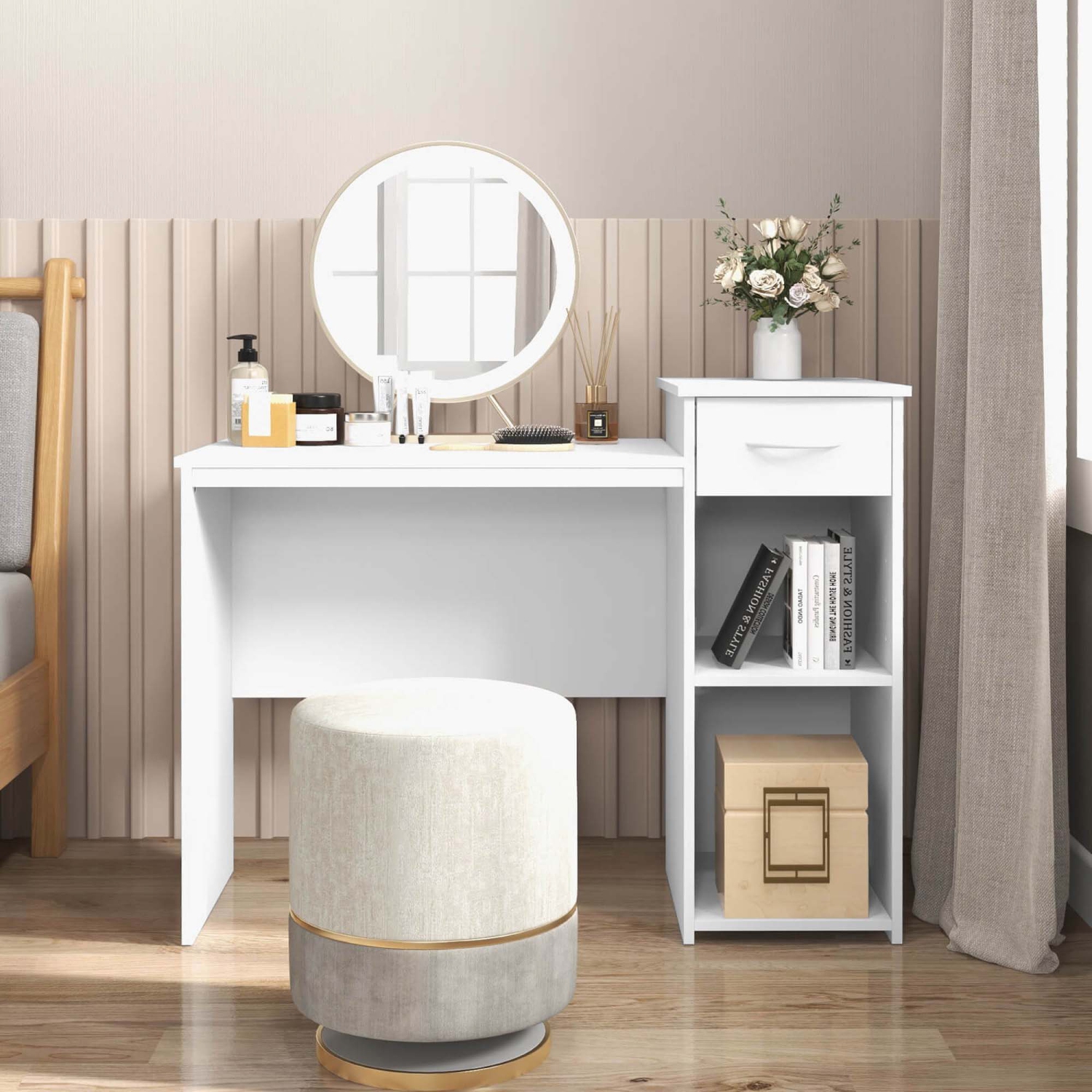 Costway Computer Desk with Drawer Modern Laptop PC Desk with Adjustable Shelf & Cable Hole