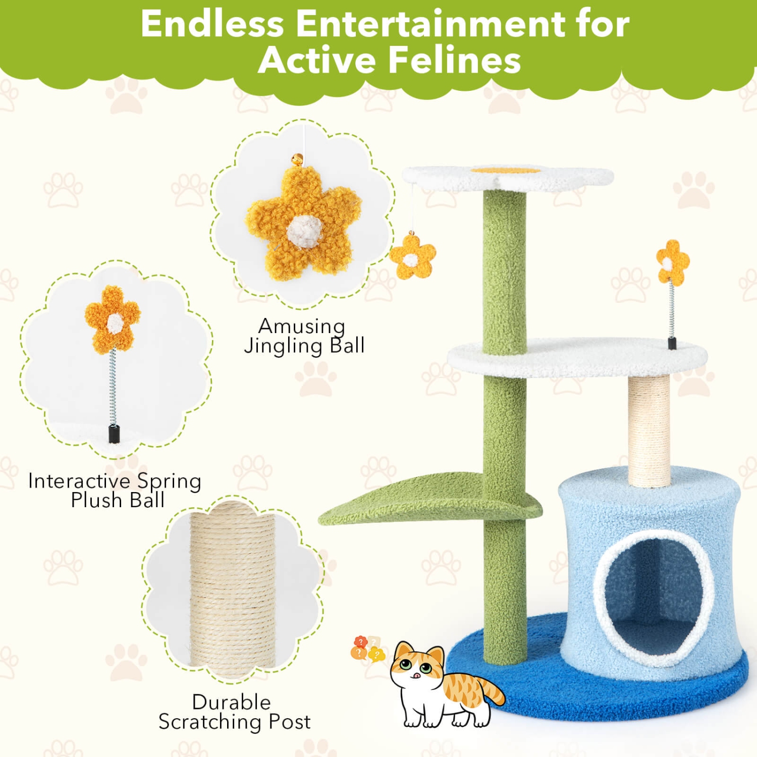 Meuble d'activités à 4 niveaux pour chatons modernes avec poteau à rayures sisal de Costway