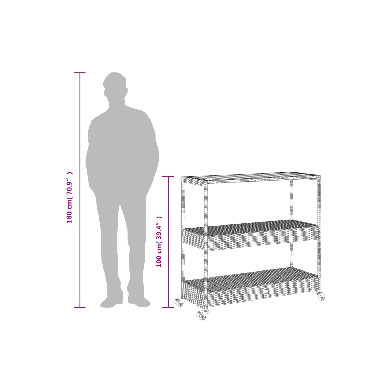 vidaXL Bar Cart 3-Tier Black Poly Rattan and Solid Wood Acacia