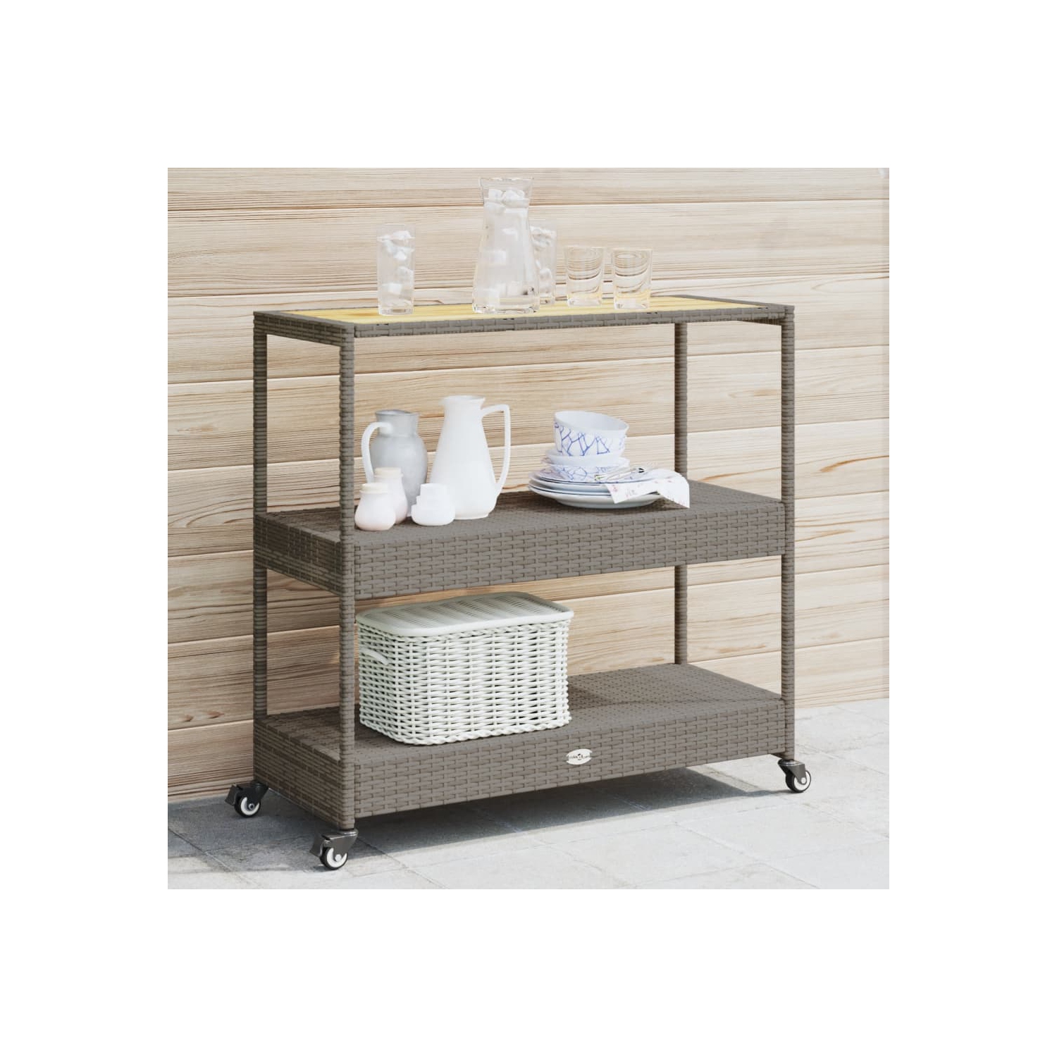 vidaXL Bar Cart 3-Tier Grey Poly Rattan and Solid Wood Acacia