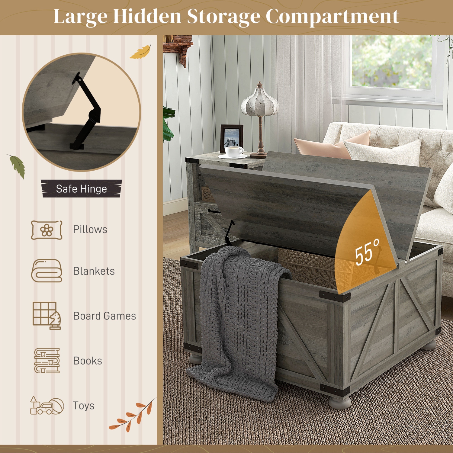 HOMCOM Farmhouse Hinged Lift Top Coffee Table, Square Center Table with Flip-top Lids, Living Room Table with Hidden Storage Compartment and Wooden