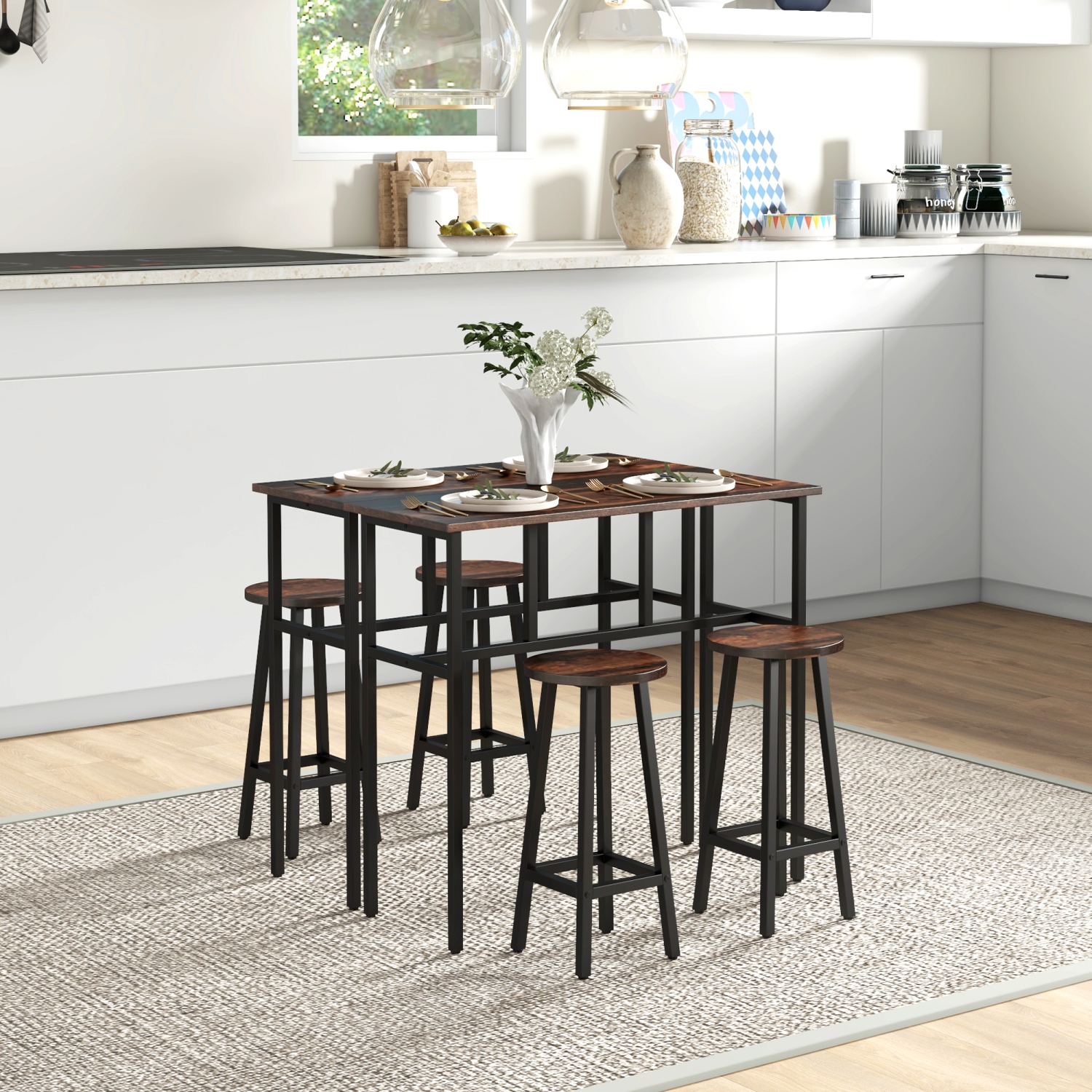 HOMCOM – Ensemble 6 pièces avec table de bar, 2 tables-déjeuners avec 4 tabourets, tables et chaises de salle à manger à hauteur de comptoir pour