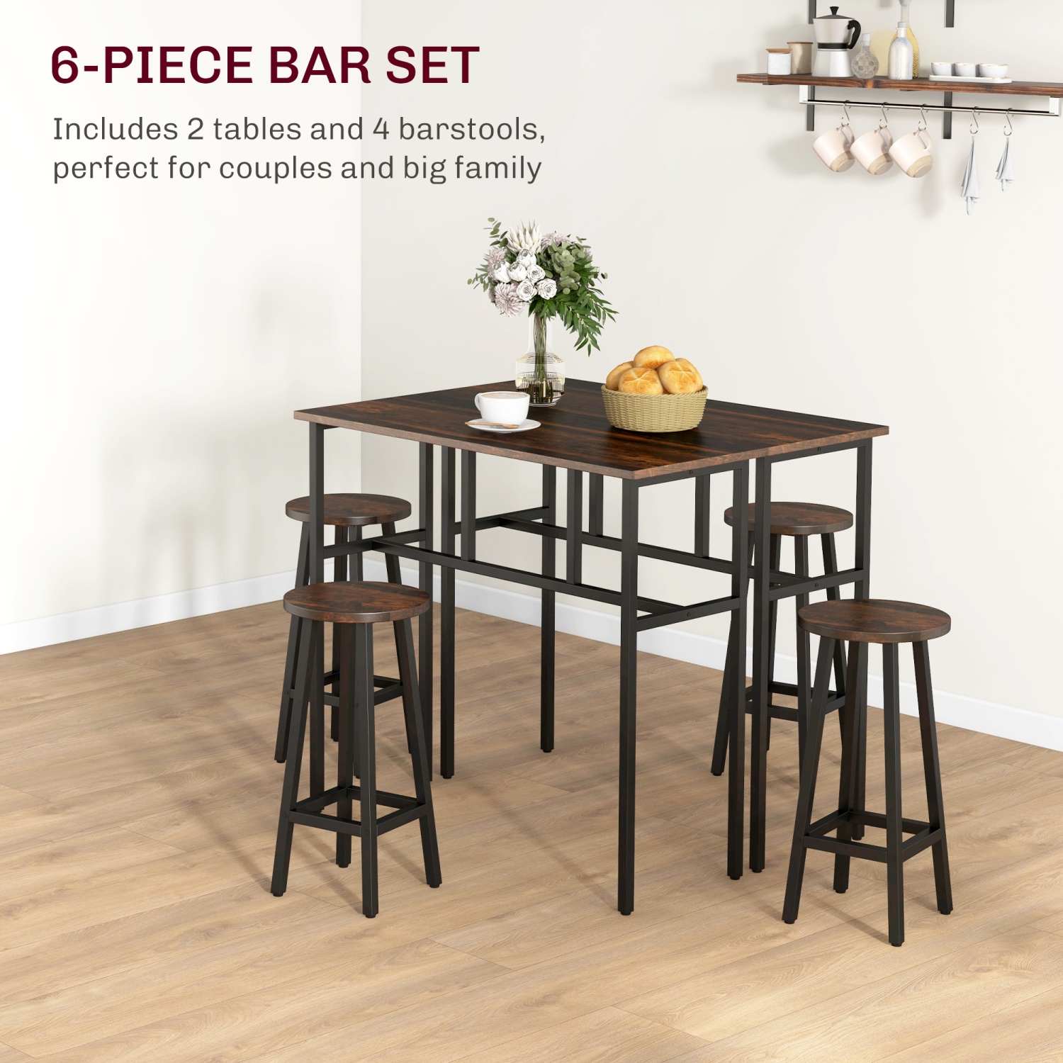 HOMCOM – Ensemble 6 pièces avec table de bar, 2 tables-déjeuners avec 4 tabourets, tables et chaises de salle à manger à hauteur de comptoir pour