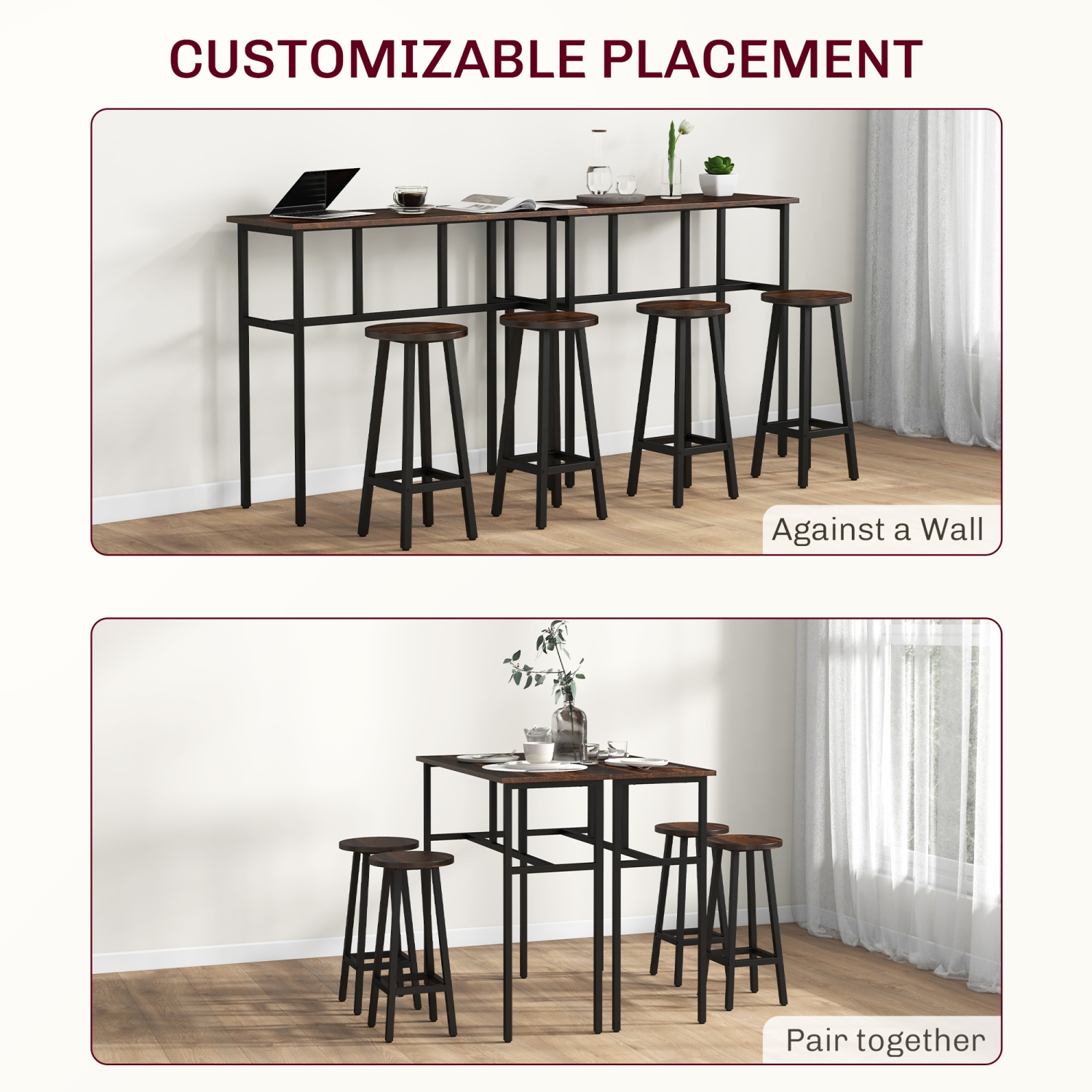 HOMCOM – Ensemble 6 pièces avec table de bar, 2 tables-déjeuners avec 4 tabourets, tables et chaises de salle à manger à hauteur de comptoir pour