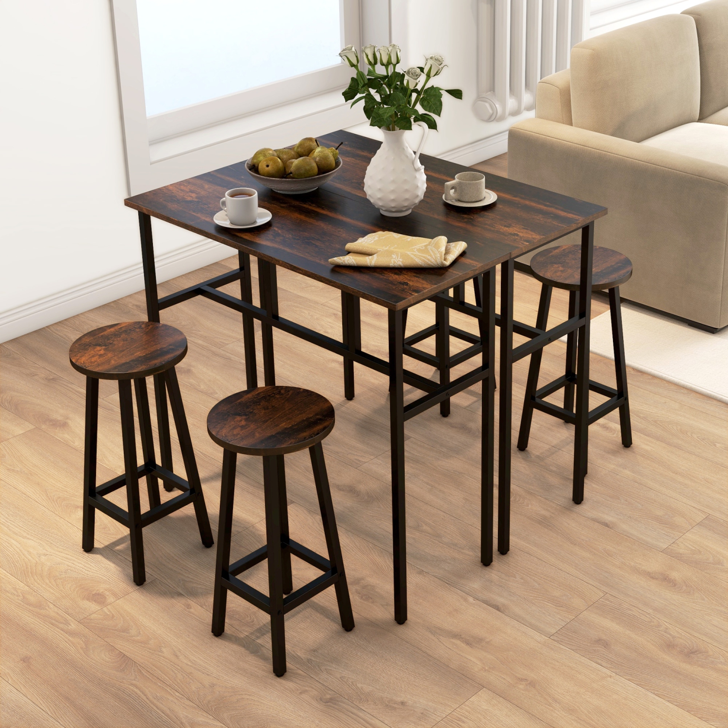HOMCOM – Ensemble 6 pièces avec table de bar, 2 tables-déjeuners avec 4 tabourets, tables et chaises de salle à manger à hauteur de comptoir pour