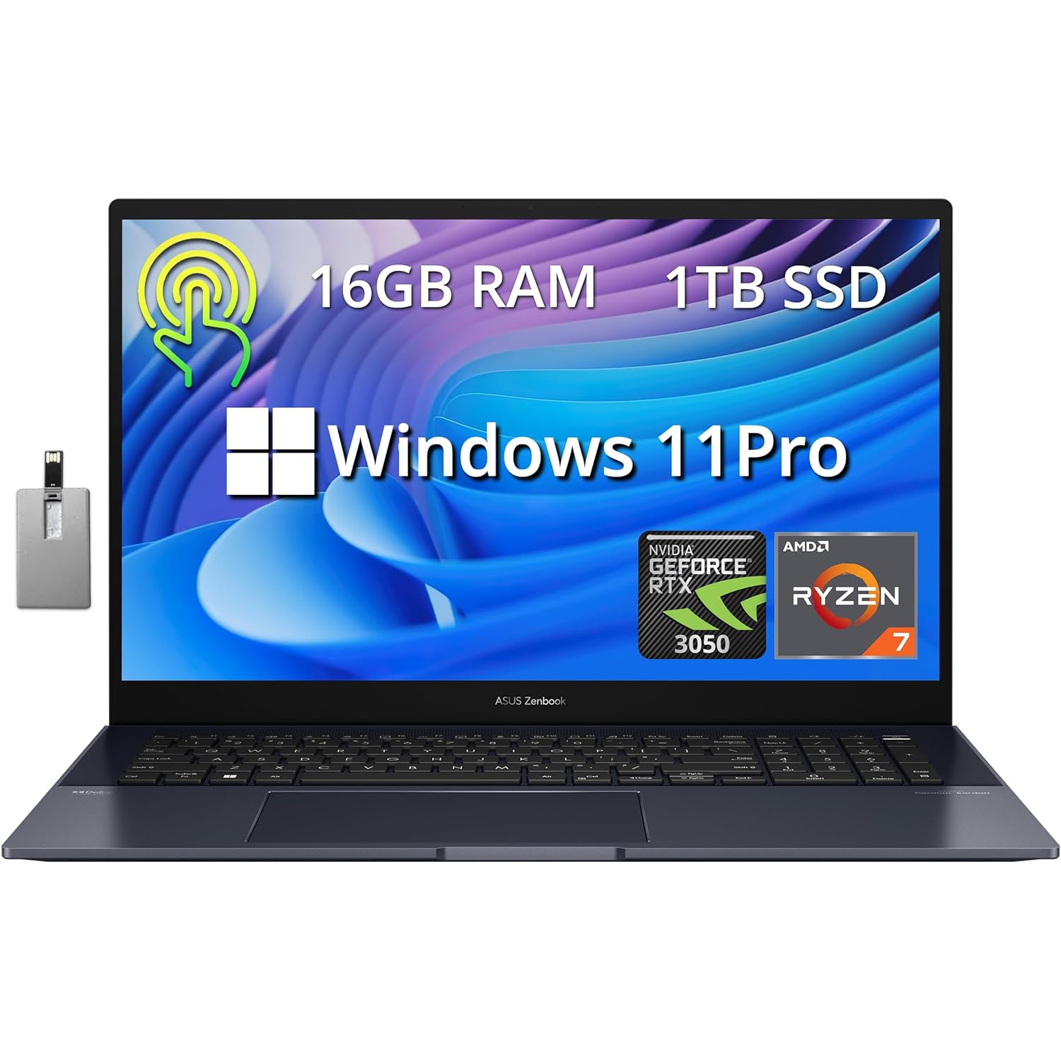 ASUS Zenbook Pro 17 17.3" 165Hz WQHD Touchscreen Laptop, AMD Ryzen 7 6800H, 1TB SSD, 16GB LPDDR5 RAM, NVIDIA GeForce RTX 3050, Win 11 Pro, Black, 32GB Hotface USB Card