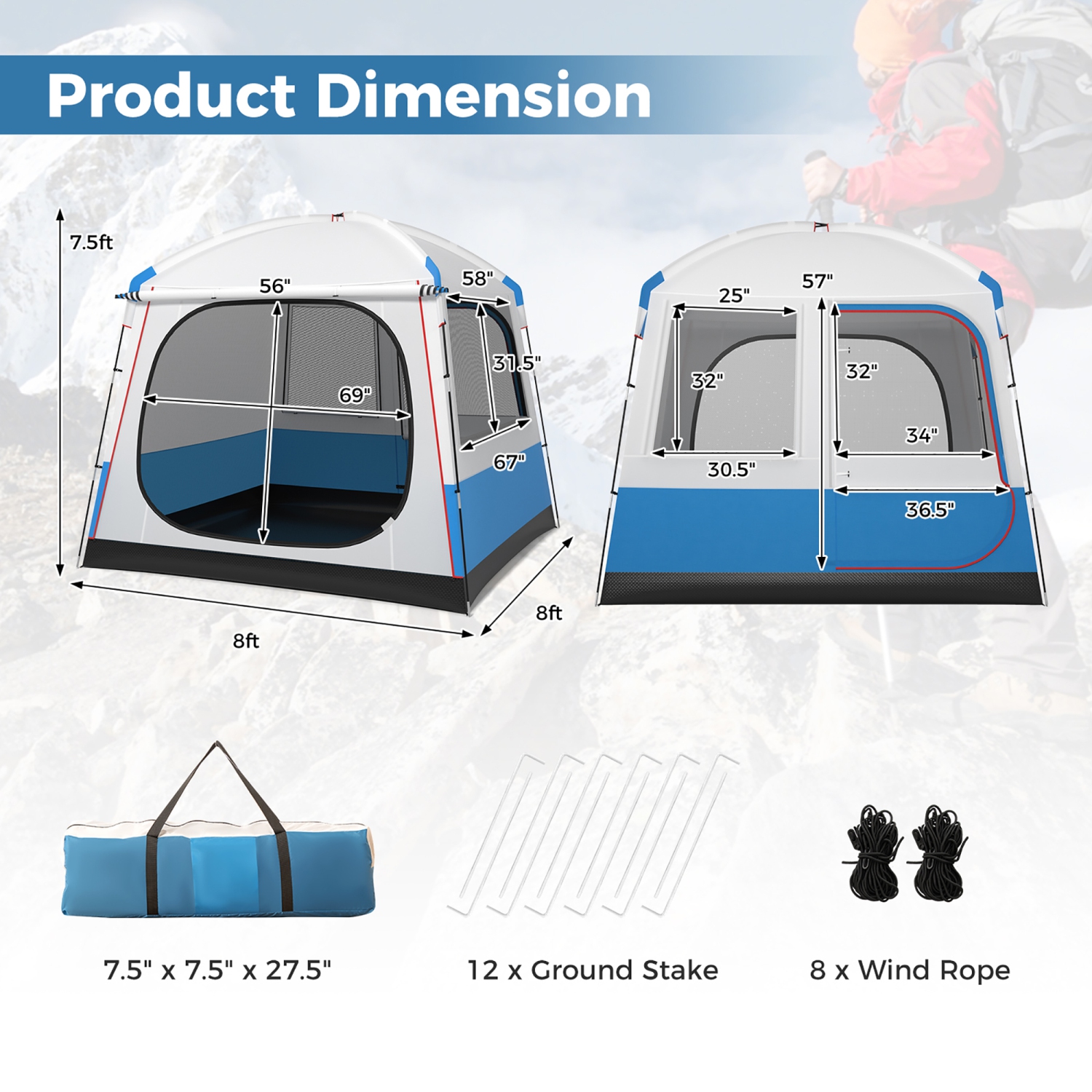 Tente Camping GYMAX 3-5 Personnes – 248x248x230 Cm, Hauteur Intérieure 225 Cm – Double Couche Moustiquaire, Tissu Imperméable 190T PU 1500 Mm – Sac De Transport Inclus