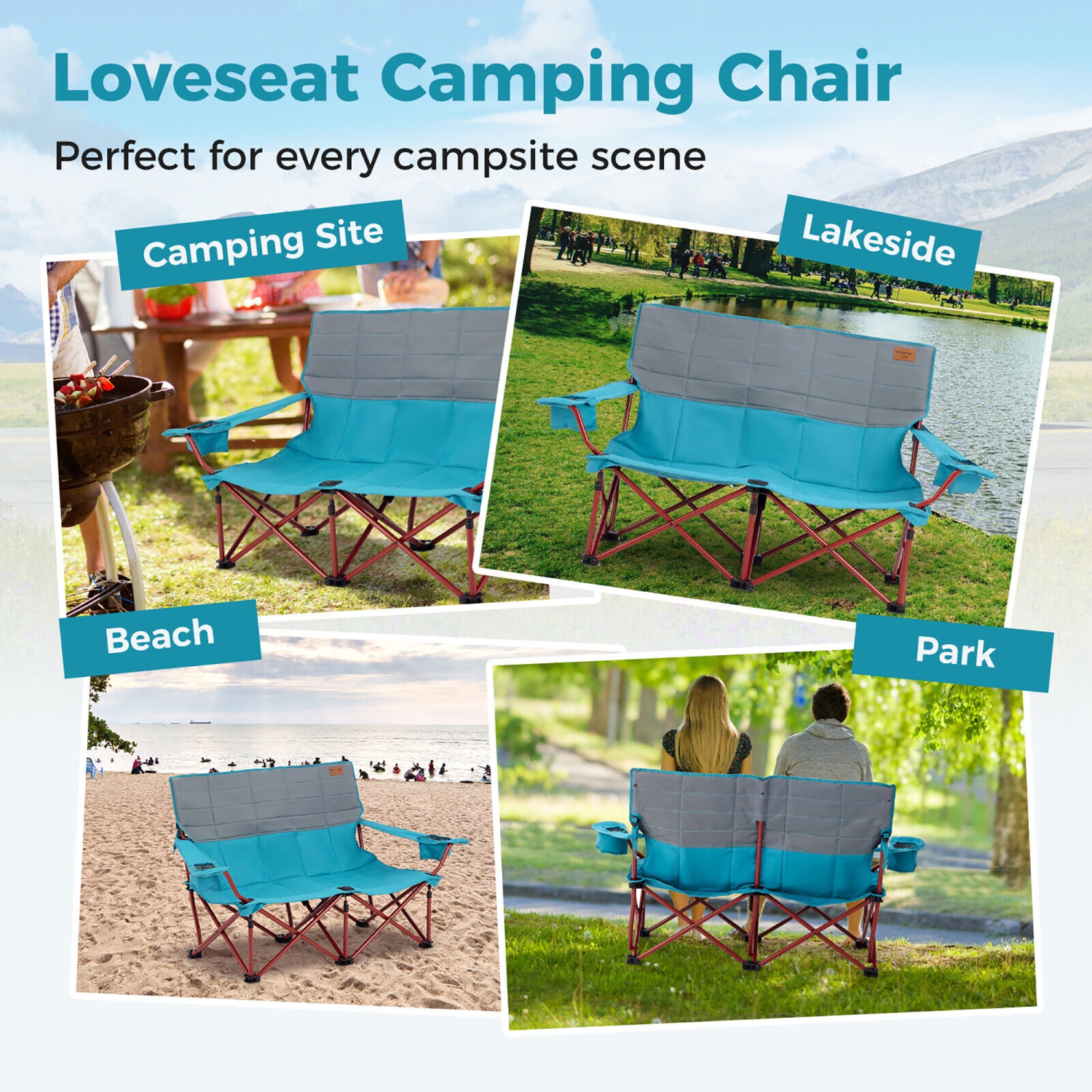 Gymax Oversized Camping Chair Folding Loveseat Camping Couch w/ Cup Holders & Padding