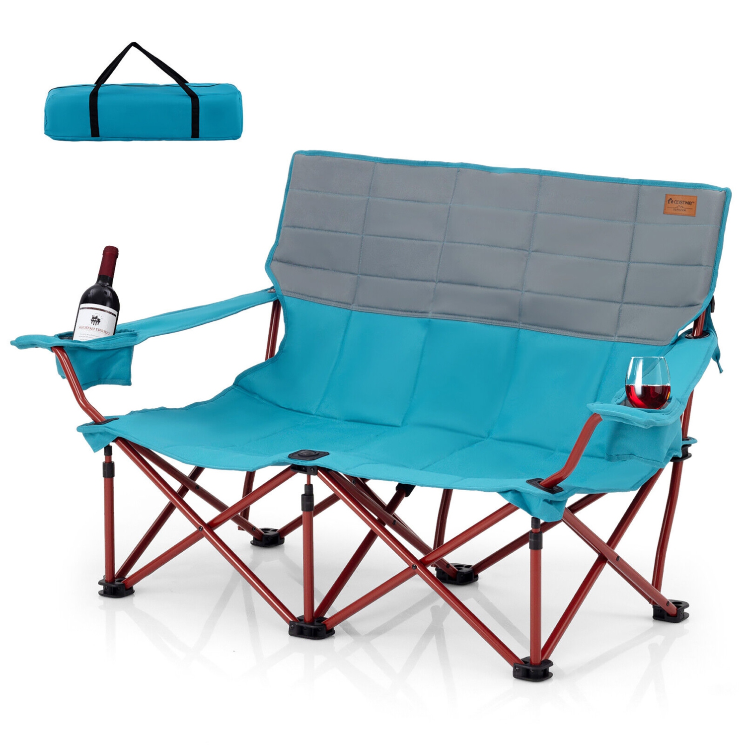 Gymax Oversized Camping Chair Folding Loveseat Camping Couch w/ Cup Holders & Padding