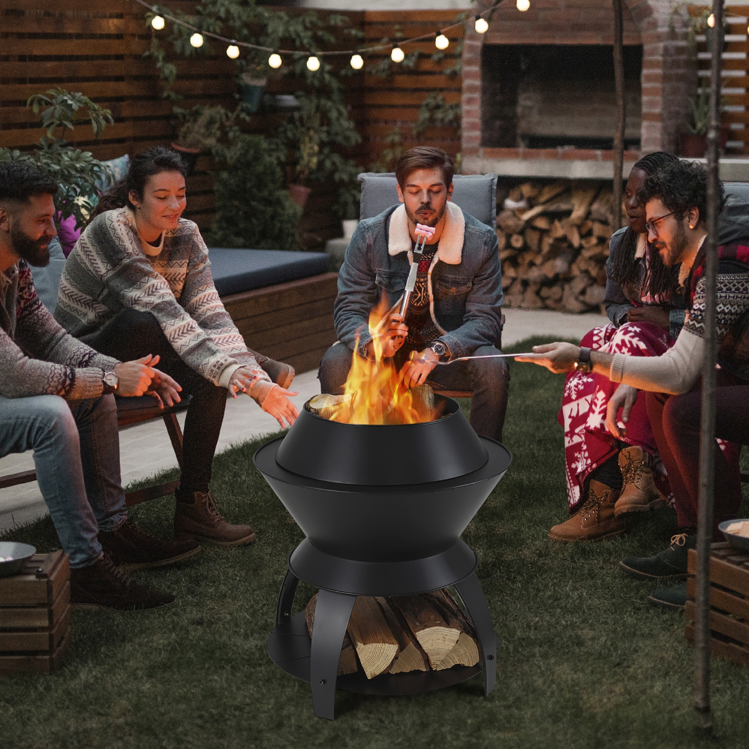 Gymax 3-in-1 Patio Fire Pit 20'' Metal Camping Fire Bowl w/ Pot Holder & Storage Shelf