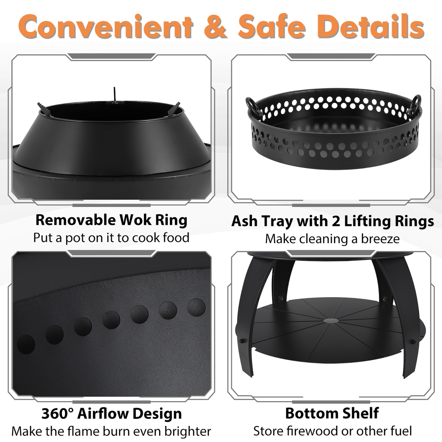 Gymax 3-in-1 Patio Fire Pit 20'' Metal Camping Fire Bowl w/ Pot Holder & Storage Shelf