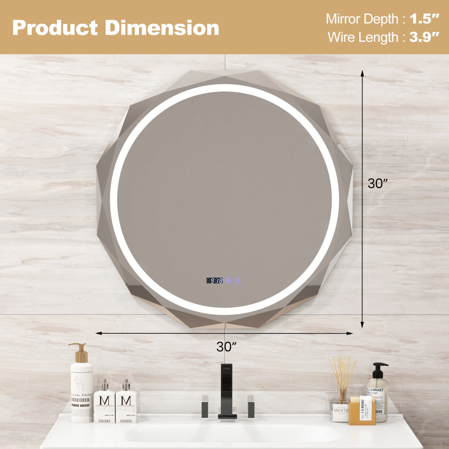 Costway 30" x 30" LED Bathroom Mirror with Dimmable 3-Color Lights Defog Time/Temp Display