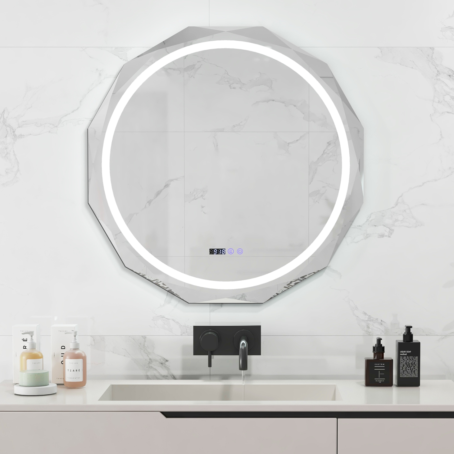 Costway 30" x 30" LED Bathroom Mirror with Dimmable 3-Color Lights Defog Time/Temp Display