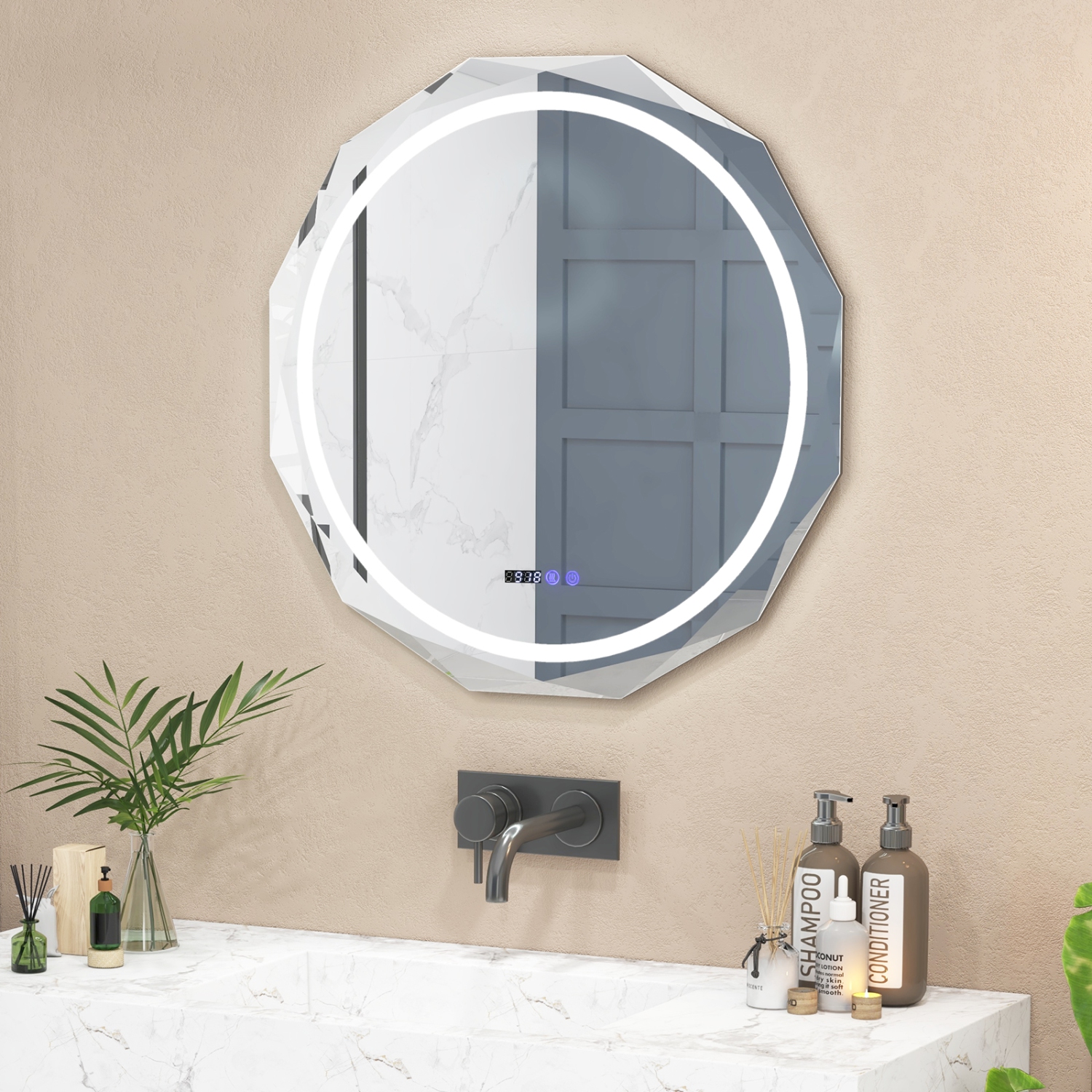 Costway 30" x 30" LED Bathroom Mirror with Dimmable 3-Color Lights Defog Time/Temp Display
