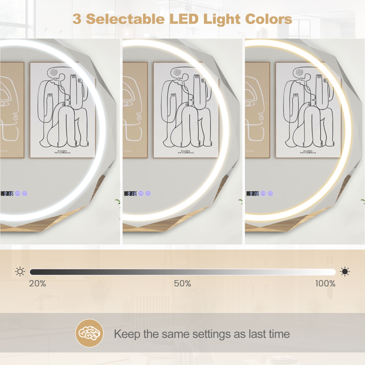 Costway 30" x 30" LED Bathroom Mirror with Dimmable 3-Color Lights Defog Time/Temp Display