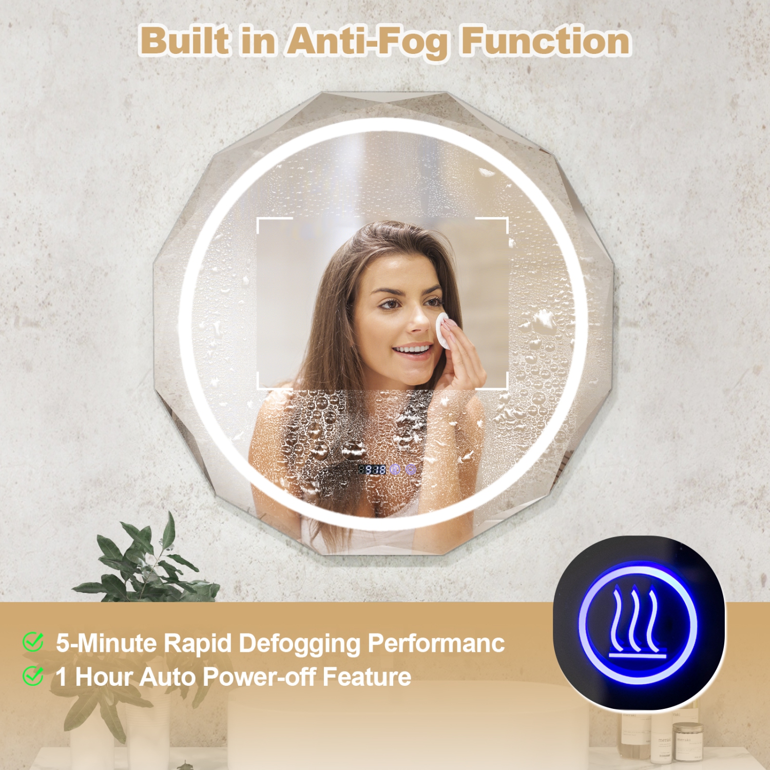 Costway 30" x 30" LED Bathroom Mirror with Dimmable 3-Color Lights Defog Time/Temp Display