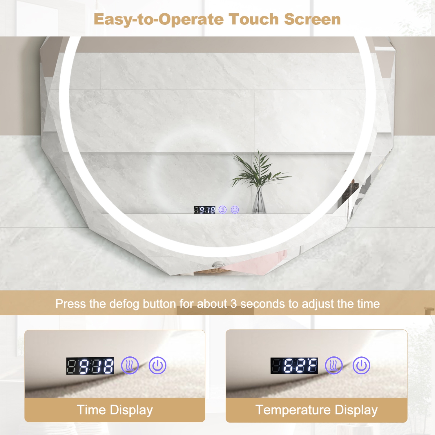 Costway 30" x 30" LED Bathroom Mirror with Dimmable 3-Color Lights Defog Time/Temp Display