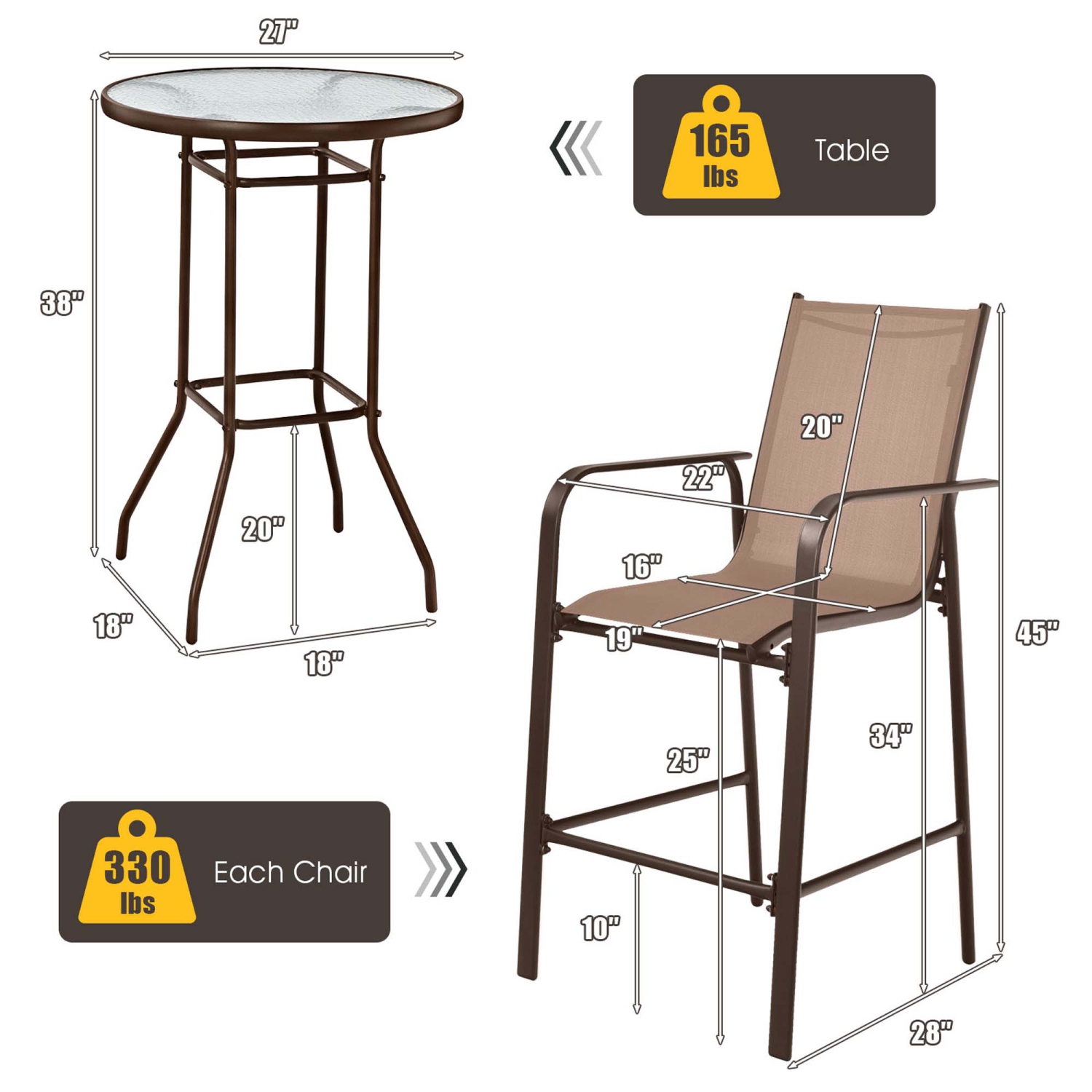 Ensemble de 3 tabourets de bar d'extérieur de patio avec dessus en verre trempé à hauteur de Costway