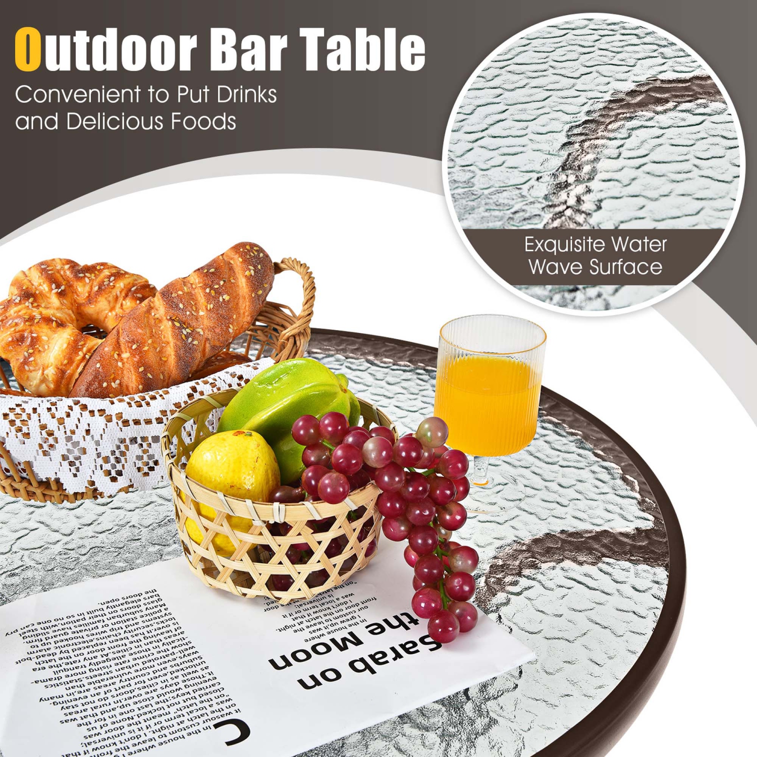 Ensemble de 3 tabourets de bar d'extérieur de patio avec dessus en verre trempé à hauteur de Costway