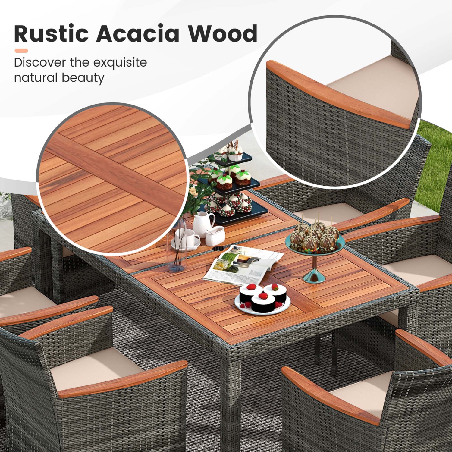 Costway 7 Pieces Outdoor Wicker Dining Set with Acacia Wood Table and 6 Armchairs