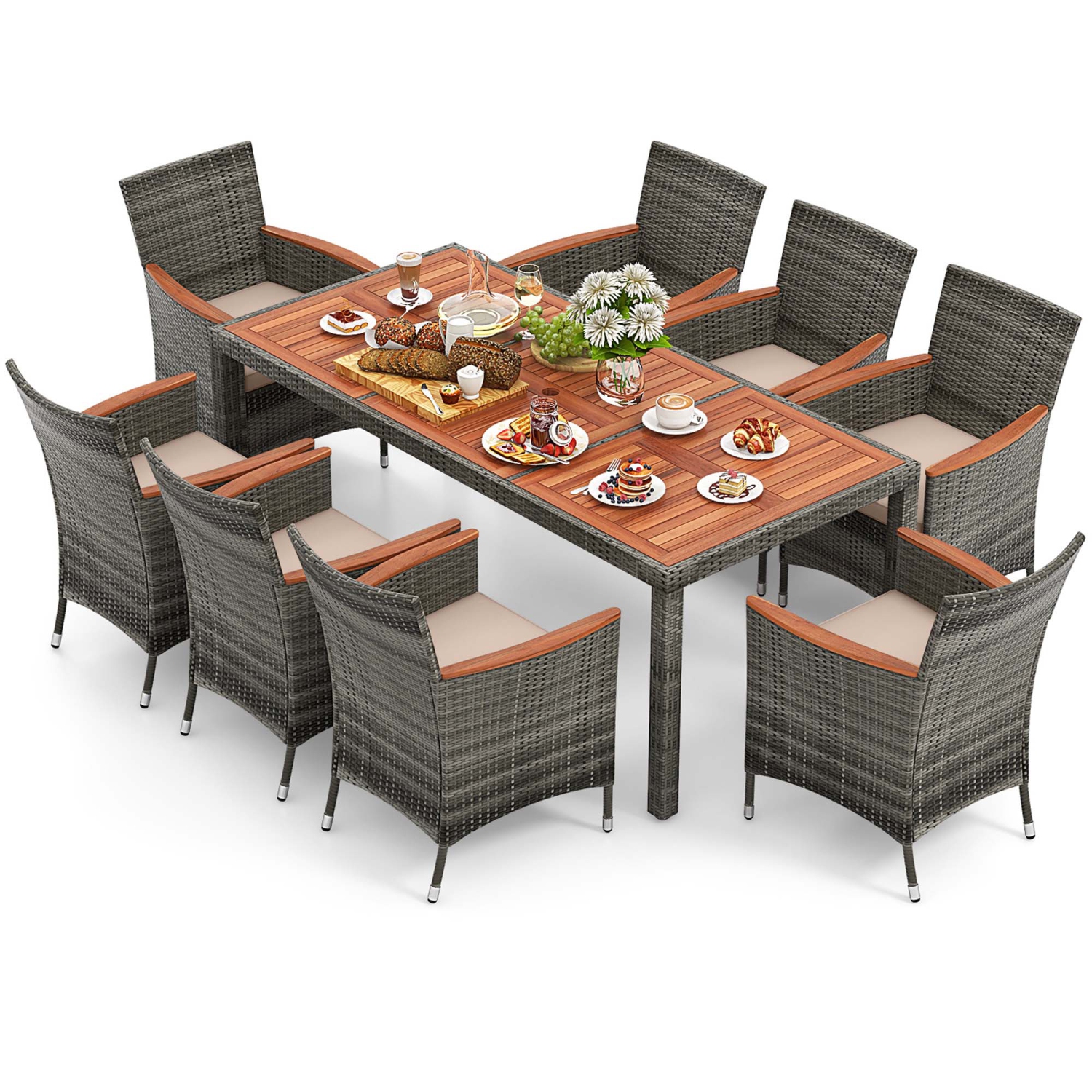 Costway 9 Pieces Outdoor Wicker Dining Set with Acacia Wood Table and 8 Armchairs