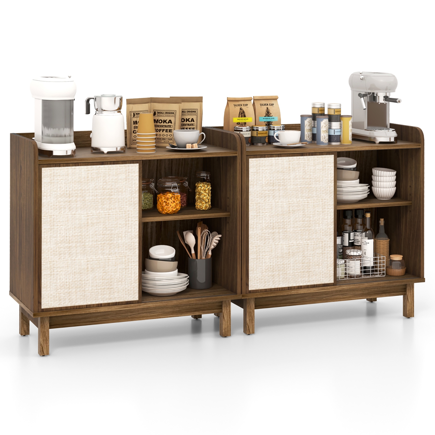 Gymax 2PCS Rattan Buffet Sideboard w/ Adjustable Shelves Storage Cabinet & Sliding Door