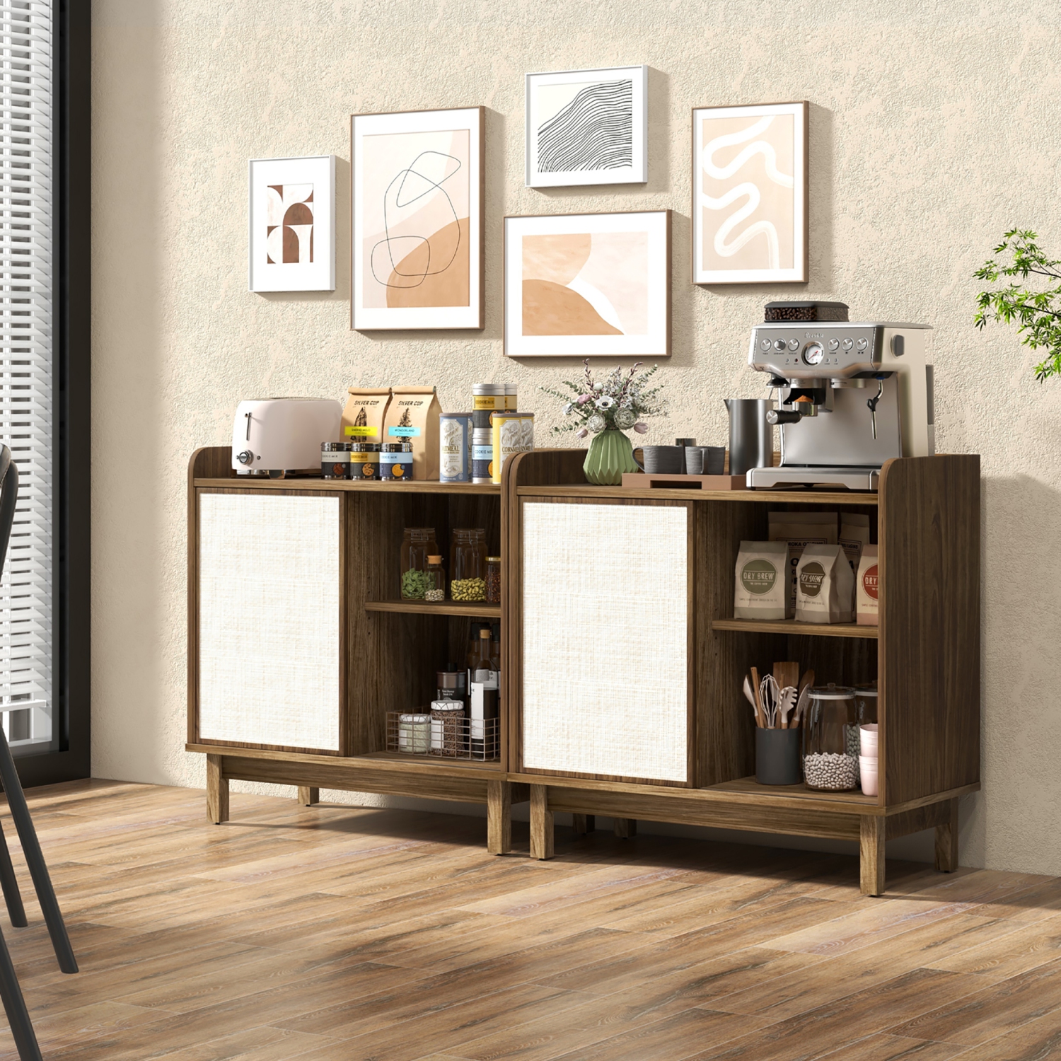 Gymax 2PCS Rattan Buffet Sideboard w/ Adjustable Shelves Storage Cabinet & Sliding Door