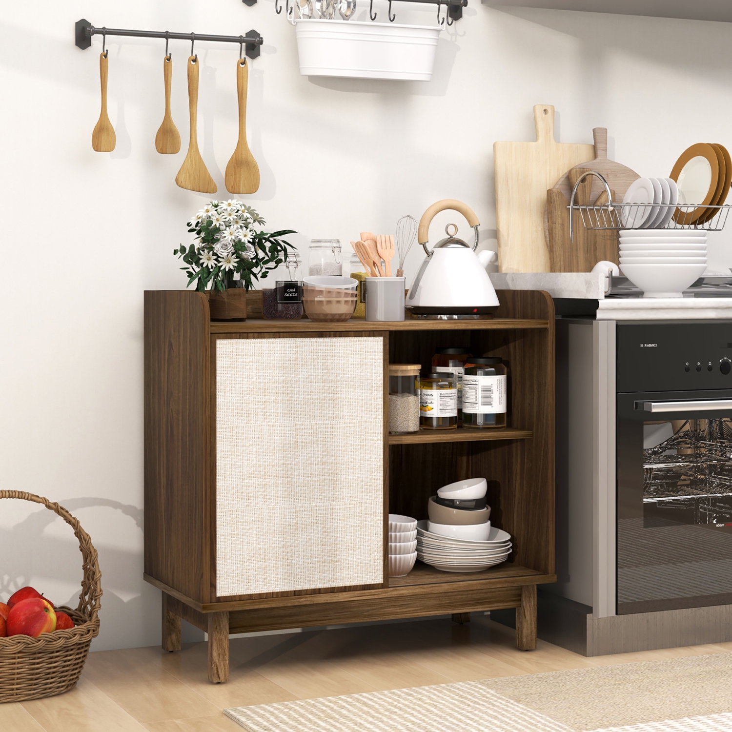 Gymax 2PCS Rattan Buffet Sideboard w/ Adjustable Shelves Storage Cabinet & Sliding Door