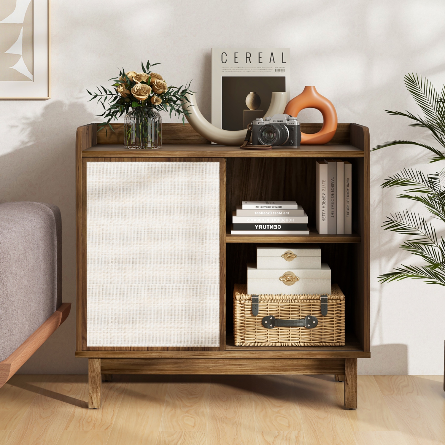 Gymax 2PCS Rattan Buffet Sideboard w/ Adjustable Shelves Storage Cabinet & Sliding Door