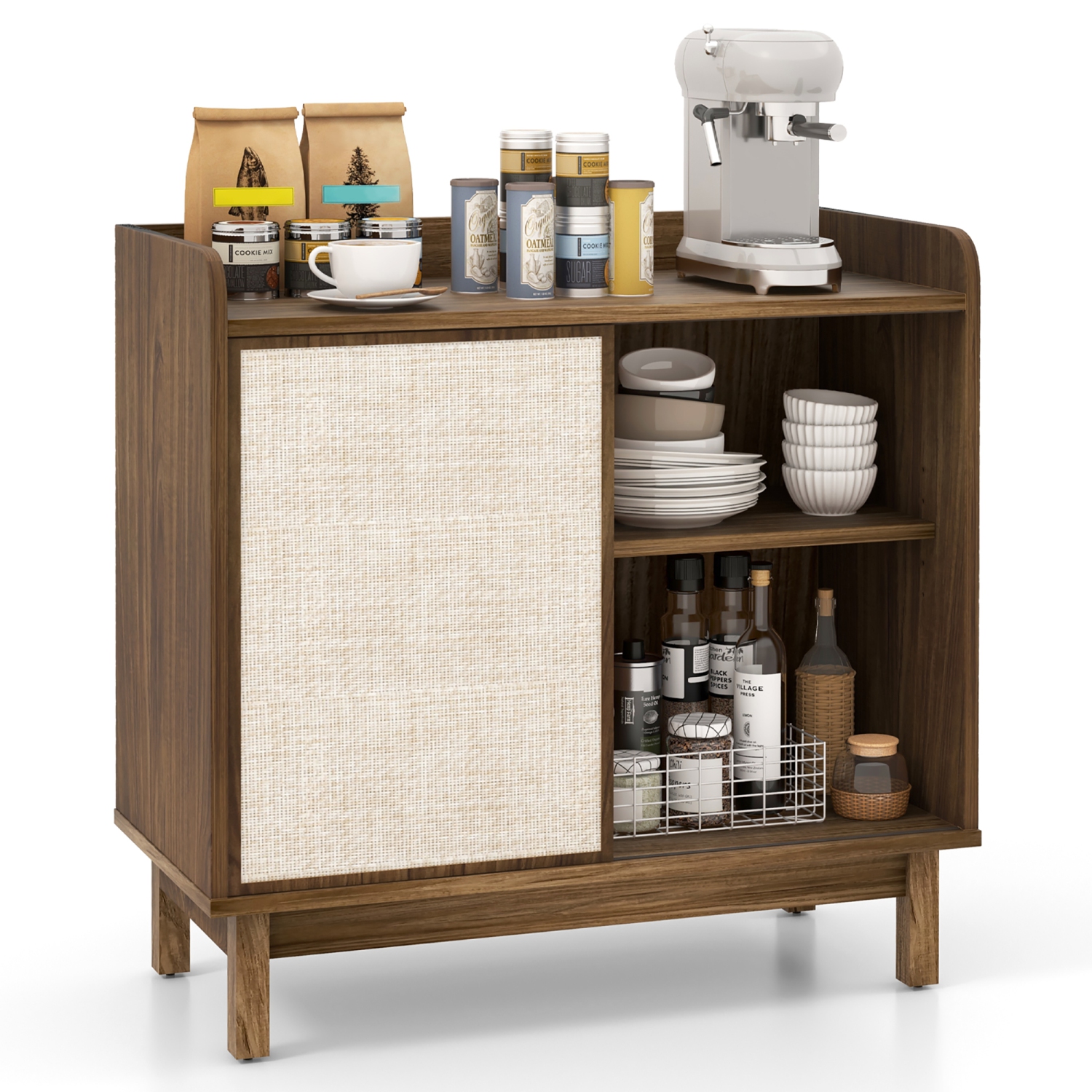 Gymax Rattan Buffet Sideboard w/ Adjustable Shelves Storage Cabinet & Sliding Door