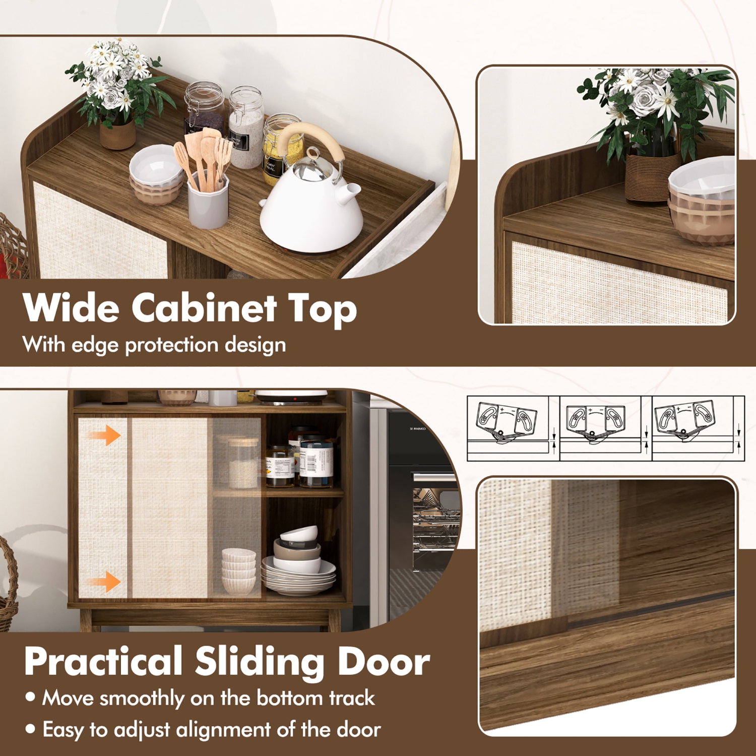 Gymax Rattan Buffet Sideboard w/ Adjustable Shelves Storage Cabinet & Sliding Door