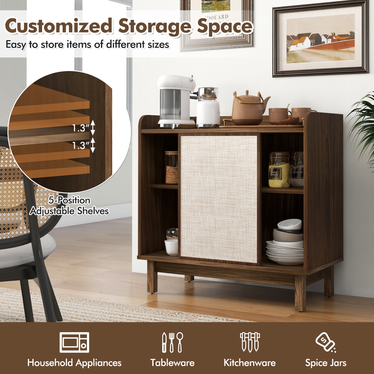 Gymax Rattan Buffet Sideboard w/ Adjustable Shelves Storage Cabinet & Sliding Door