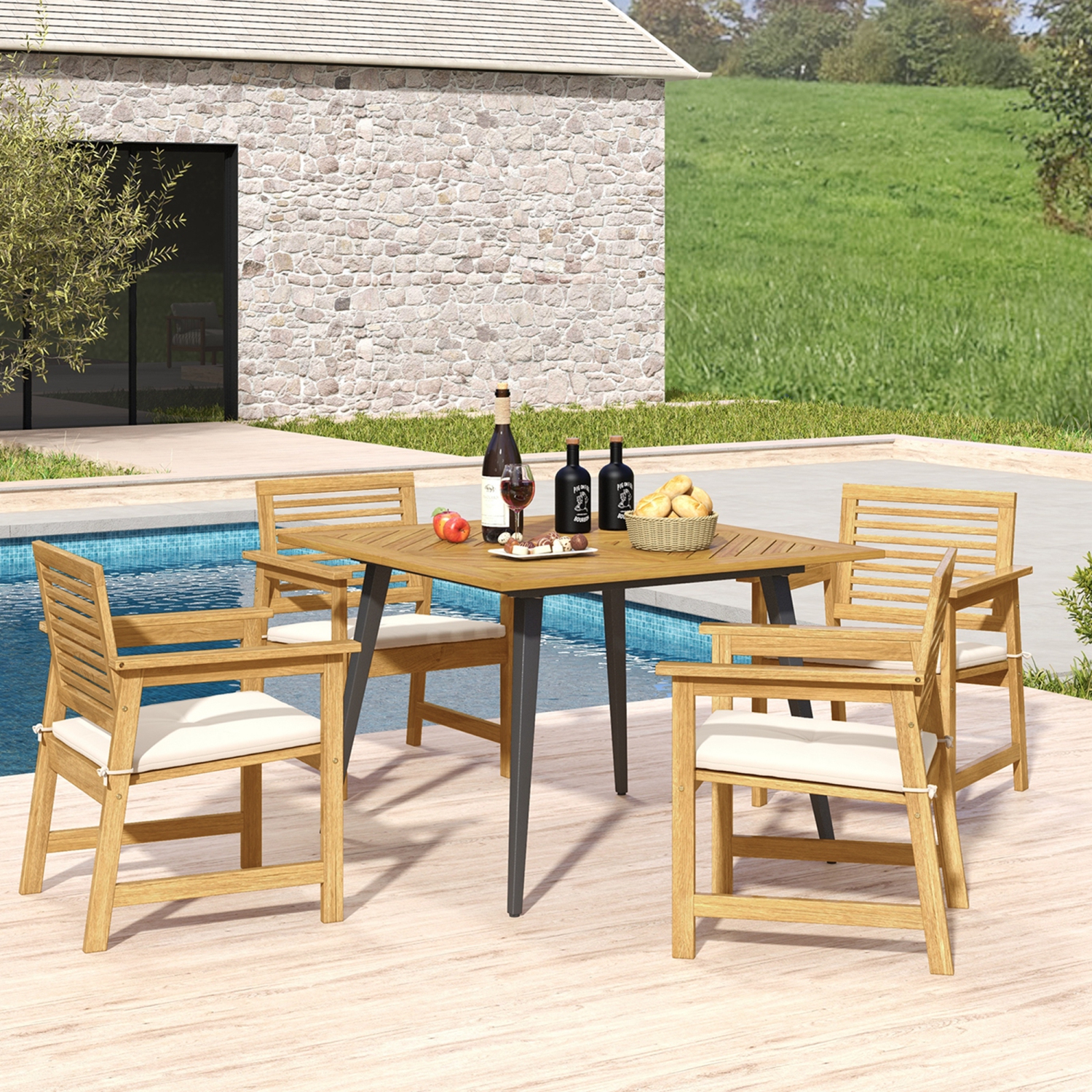 Costway 4-Person 42.5" Outdoor Dining Table with 1.9" Umbrella Hole, Adjustable Foot Pads