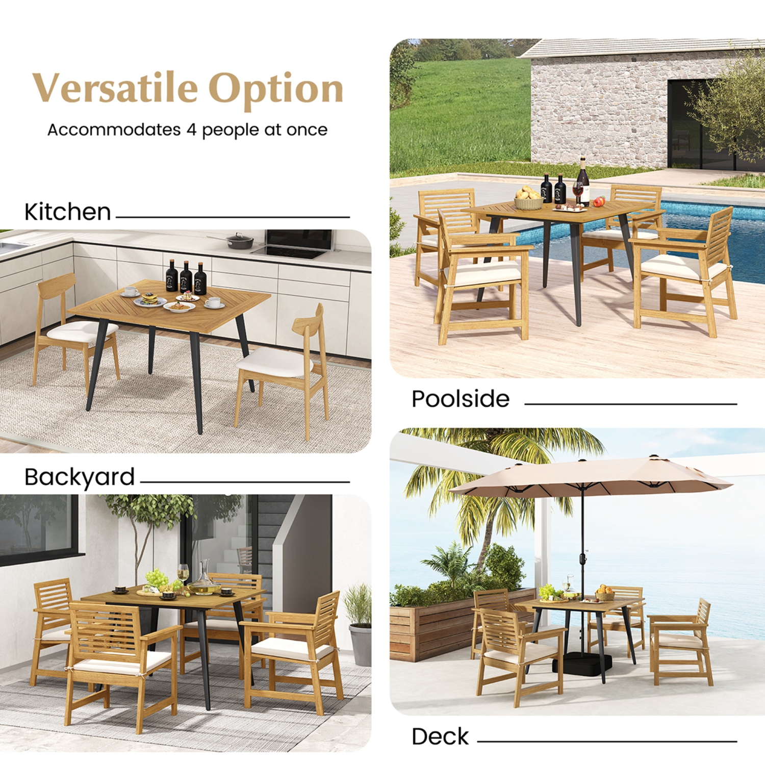 Costway 4-Person 42.5" Outdoor Dining Table with 1.9" Umbrella Hole, Adjustable Foot Pads