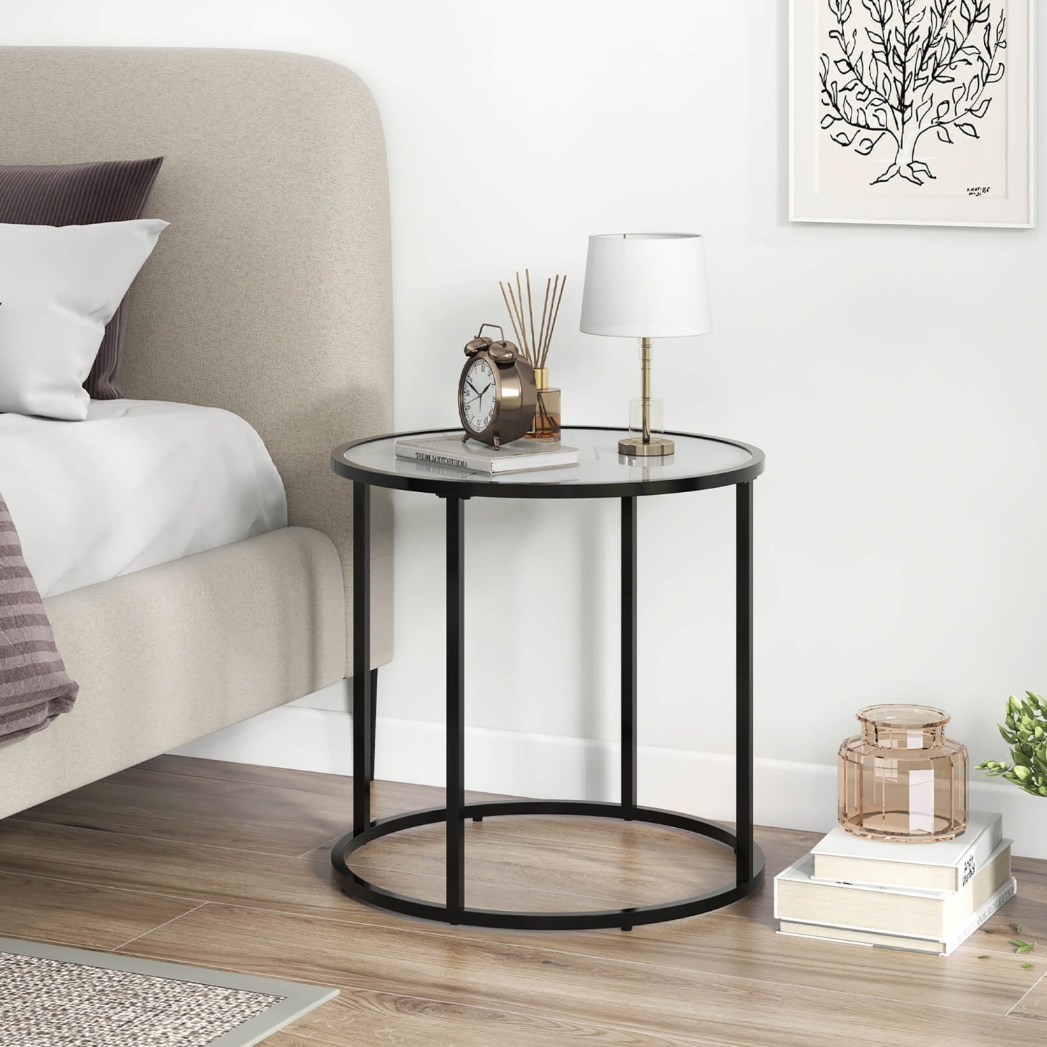 Gymax Glass End Table 20'' Round Side Table w/ Metal Frame & Faux Marble Glass Top
