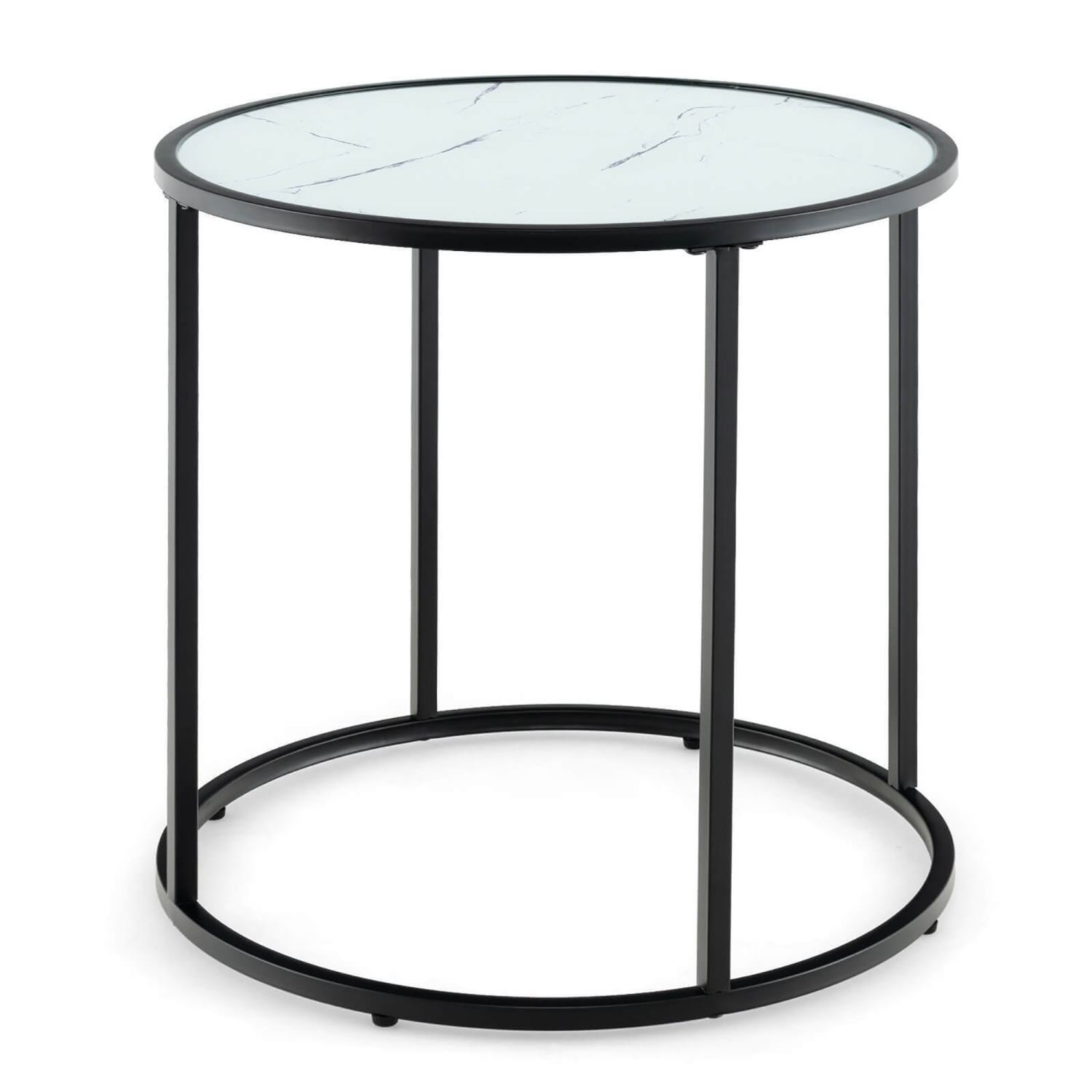 Gymax Glass End Table 20'' Round Side Table w/ Metal Frame & Faux Marble Glass Top