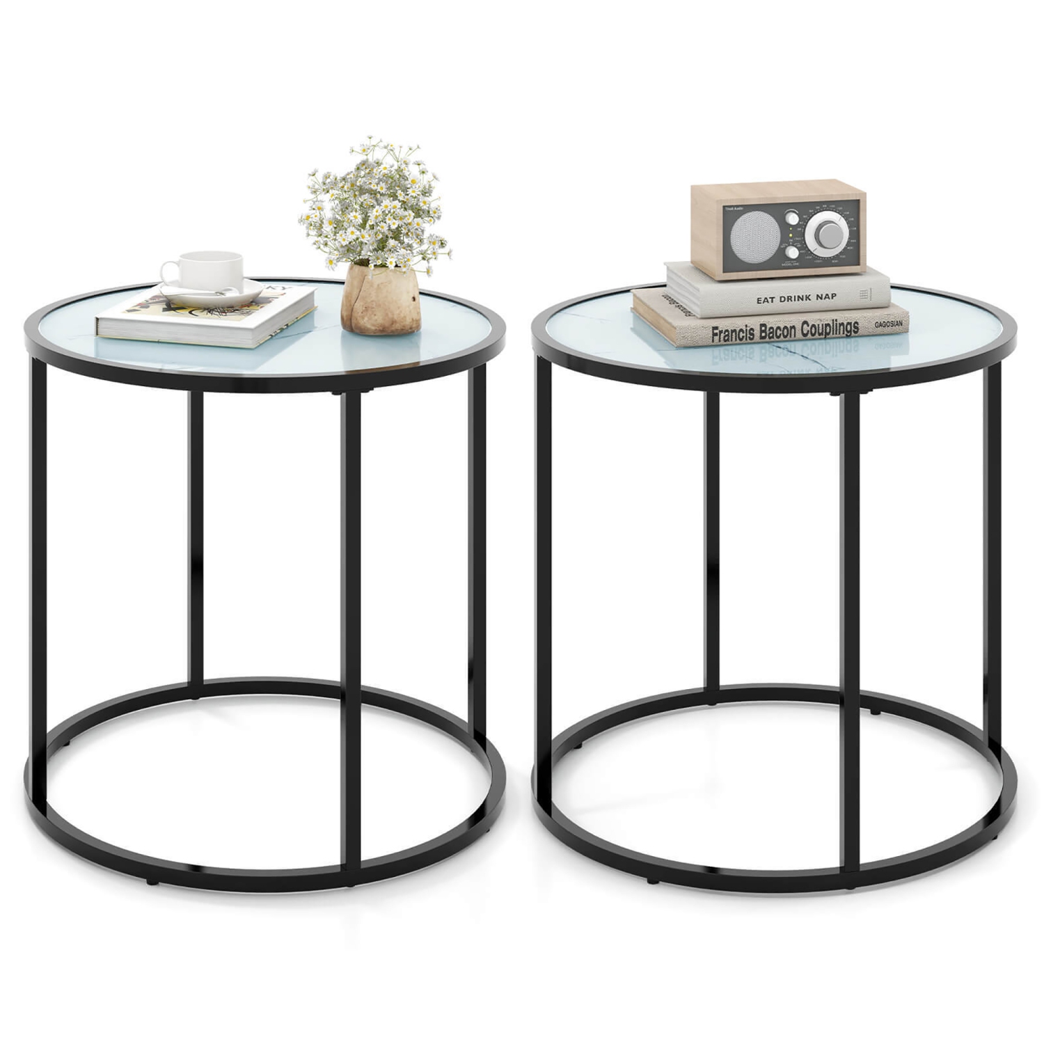 Gymax 2PCS Glass End Table 20'' Round Side Table w/ Metal Frame & Faux Marble Glass Top